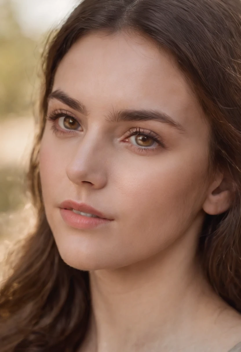 It isolizes the image of a young woman with brown hair that delicately frames her face. Her brown eyes convey serenity and determination, Reflecting confidence in your expression. In a style similar to a passport photograph, su semblante tranquilo irradia amabilidad y calidez. La luz resalta los suaves tonos de su piel, creating a sense of closeness and trust through his direct gaze towards the viewer".