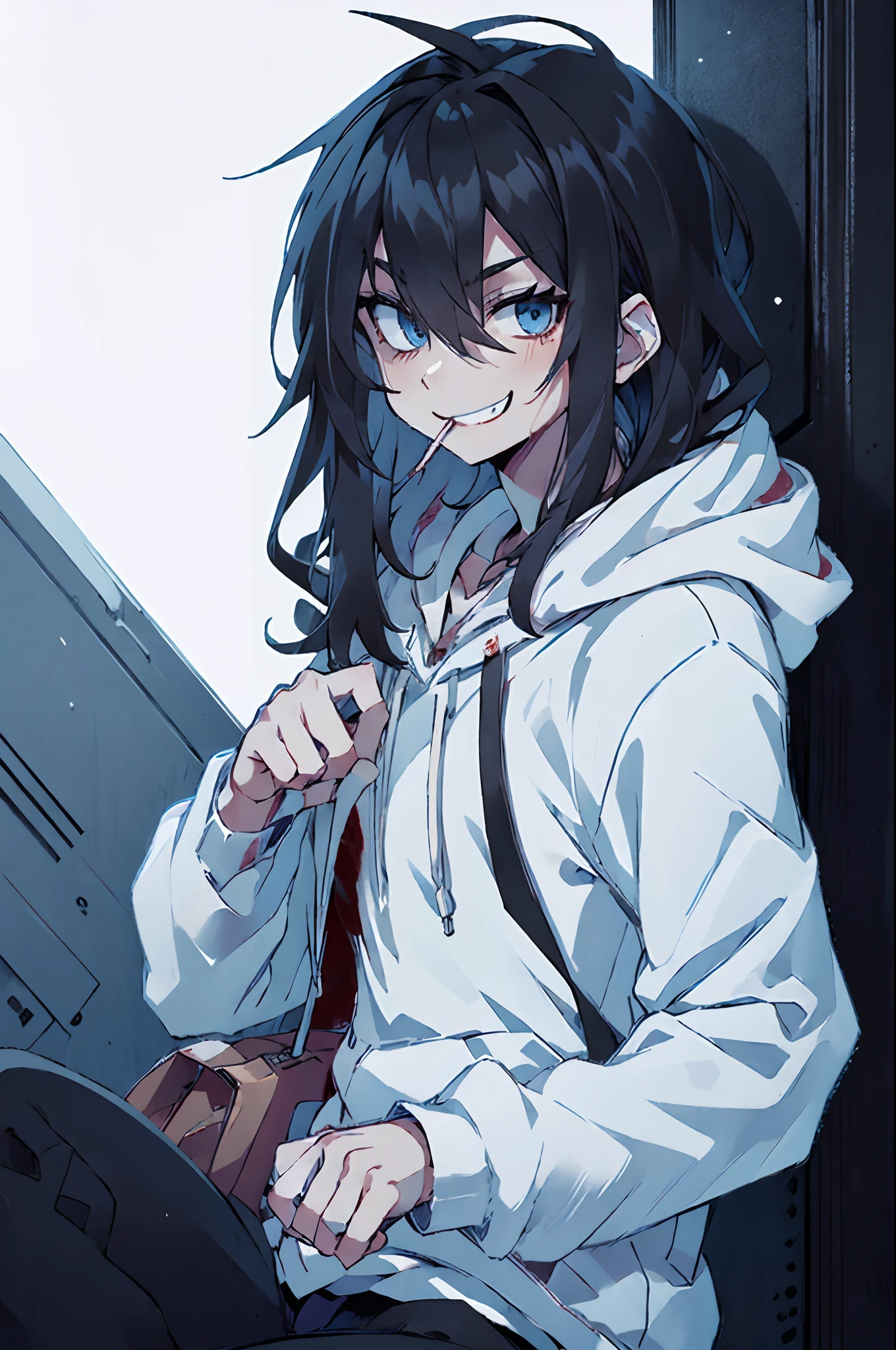 qualidade obra prima,4k,ultra detalhe,Man,male,malefocus,solo,hood,anime,black hair,hoodie,blood on mouth,blue eyes,hood down,long hair,hair between eyes, smile, long sleeves, grin,white hoodie,bags under eyes,pale skin