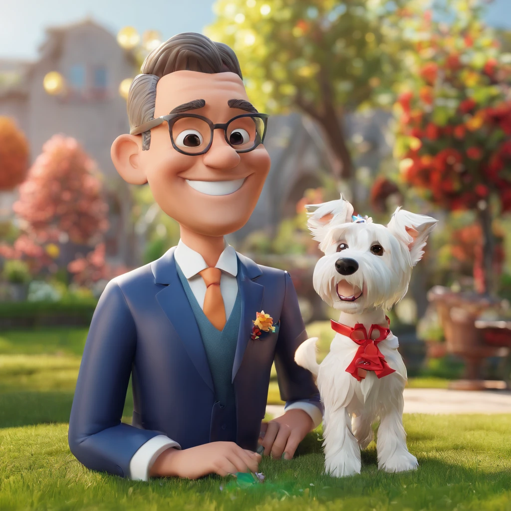 Christiano is a smiling 47-year-old human , com seu fiel amigo, Lilica, Westie dog with bow tie, deitados no jardim