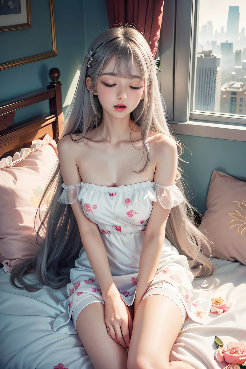 ((Girl lying in bed)）, Silver hair, Bangs, Blunt bangs, Long straight hair, aqua eyes, longeyelashes, Solid Circle Eyes, makeup, Open mouth, blush, Parted lips, Bright pupils, smiley, Seductive smile, glint, surrealism, Modern、Black pantyhose、high-heels、（(Pure white dress、Floral dress、、off shoulders、: 1.6)）、Skyscrapers are hazy in the windows、mix４、((Eyes closed)),((yawning being))、