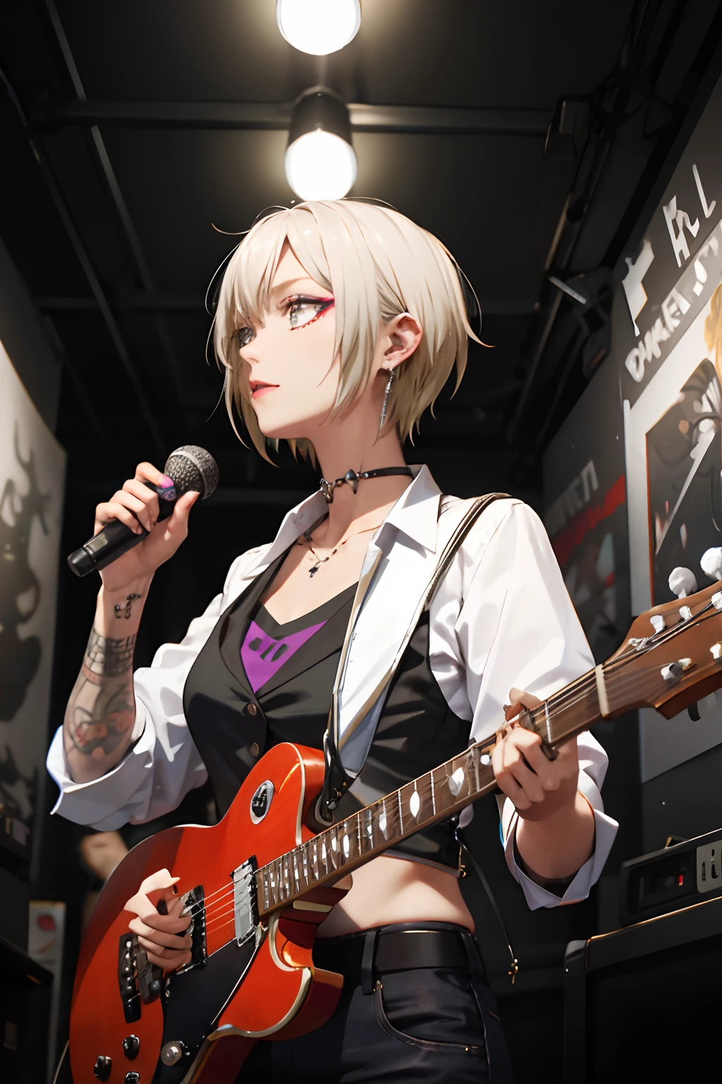 (masuter piece:1.2、top-quality)、(Live action、Intricate details)、(1lady、独奏、The upper part of the body) garments: Avant-garde、Avant-garde、Experimental appearance: bionde、short-hair、Dramatic makeup、Underground Music Scene Hobbies: attending punk shows、creating mixed media art、experimenting with different subcultures Values: individuality、authenticity、creative expression Inspirations: Punk rock music、Counterculture icons、