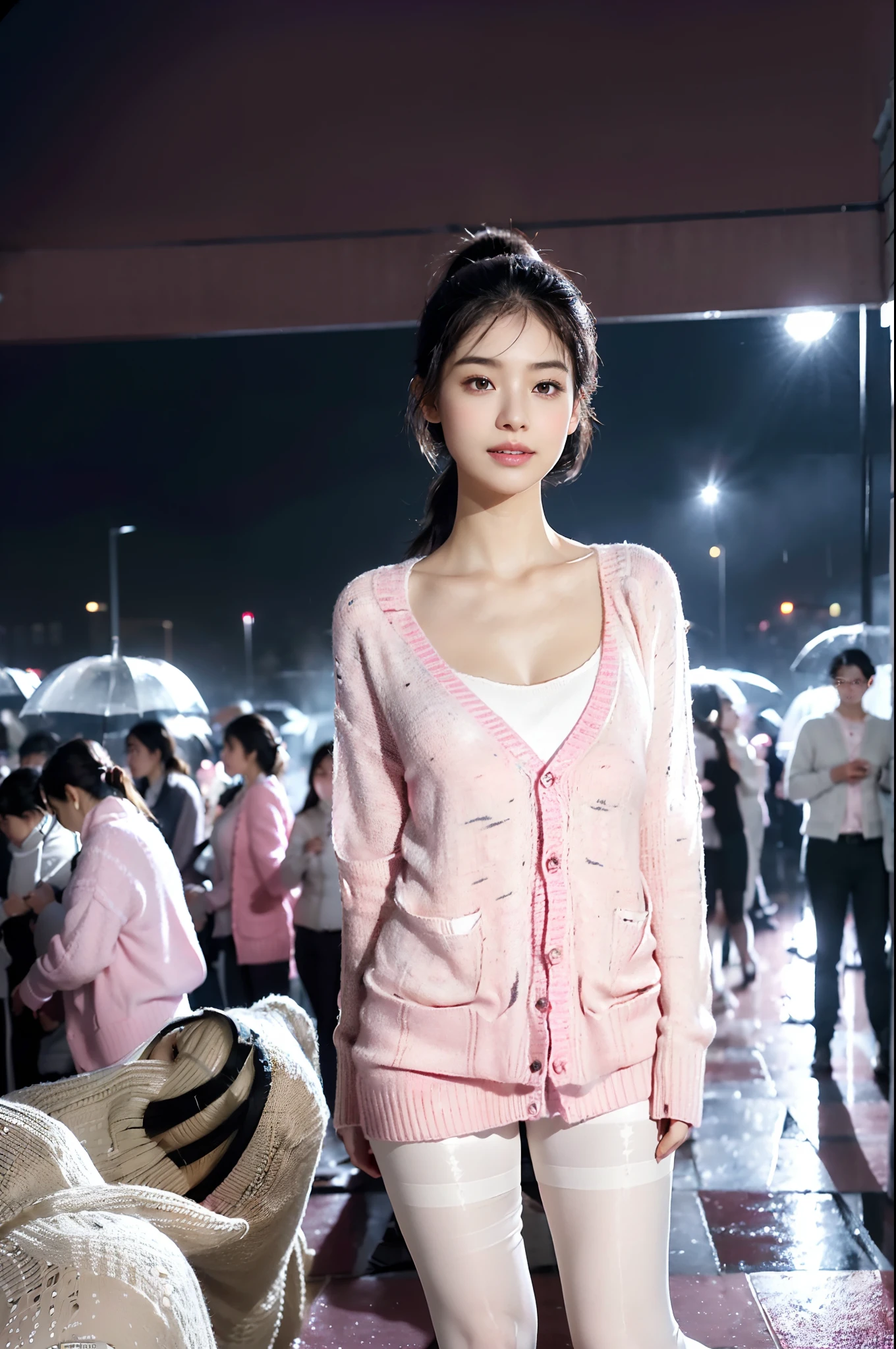(shoulder length straight short black hair:1.2),((((8k))),(Extremely meticulous CG) ,(wallpaper),16k,(Extremely refined and beautiful），（Masterpiece），（best qualtiy：1.0），（Ultra High Resolution：1.0），beautiful light up，Perfect lightning，realistic shaded，[A high resolution],(Smooth and flawless fair skin:1.5),Extremely exquisite facial details,(perfect body：1.1),ultra - detailed,A beautiful girl,small head,(very short ponytail:1.2),(Small breasts:1.1),Flat chests，slim，thin，Smile，cheerfulness,(Pink sweater cardigan:1.5),(white shirt:1.4),(white pantyhose:1.3),(white high heels:1.2),slender legs,(nightfall:1.5),Sunset light,(Surrounded by a crowded crowd:1.5),At the school gate,(full body:1.1),from front,(rainy weather:1.1),standing