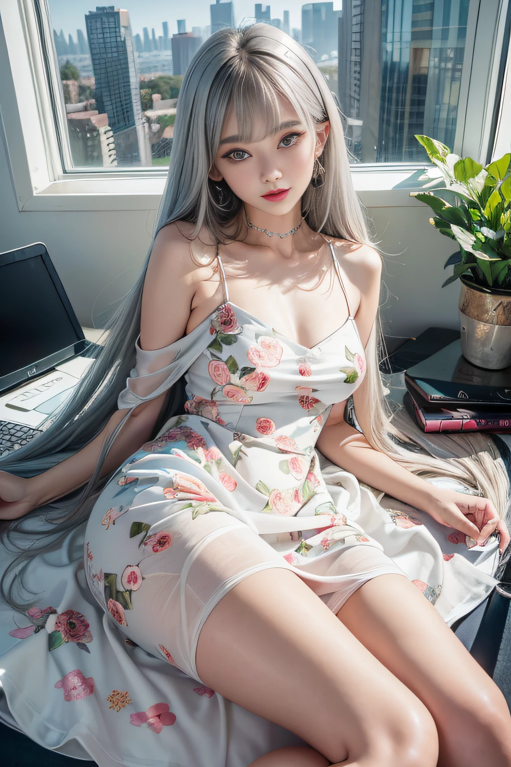 ((Girl Standing In Office)）,(((posterior view))）、 Silver hair, Bangs, Blunt bangs, Long straight hair, aqua eyes, longeyelashes, Solid Circle Eyes, makeup, Open mouth, blush, Parted lips, Bright pupils, smiley, Seductive smile, glint, surrealism, Modern、Black pantyhose、high-heels、（(Pure white dress、Floral dress、、off shoulders、up skirt: 1.6)）、Skyscrapers are hazy in the windowix４、(()）、((stick out buttocks))、Provocative、 (Best Shadow: 1.1), （tongue、Vaginal orchids、Runny Vaginal Discharge、Blowing tide）、