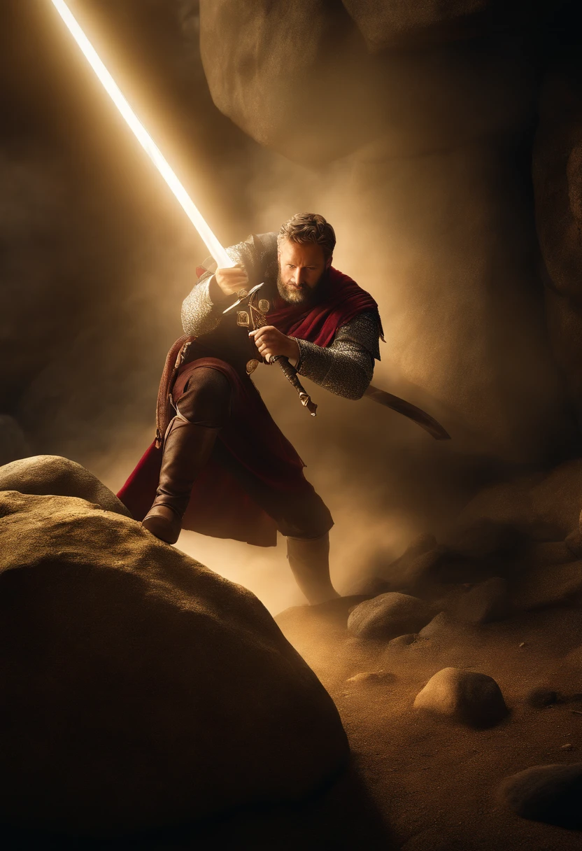 An image showing Arthur extracting Excalibur from a mystical rock, with a bright light radiating from the sword and an expression of determination on Arthur's face.
(Obra maestra: 1.5) (fotorrealista: 1.1) (Bokeh) (La mejor calidad) (textura detallada de la piel poros cabello: 1.1) (intrincado) (8k) (HDR) (papel tapiz) (cinematic lighting) (foco nítido )