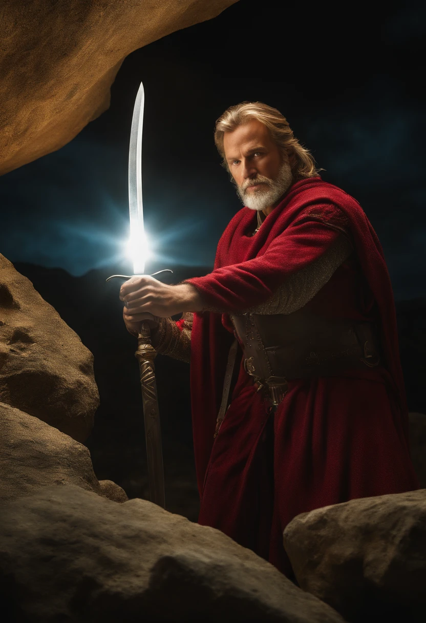 An image showing Arthur extracting Excalibur from a mystical rock, with a bright light radiating from the sword and an expression of determination on Arthur's face.
(Obra maestra: 1.5) (fotorrealista: 1.1) (Bokeh) (La mejor calidad) (textura detallada de la piel poros cabello: 1.1) (intrincado) (8k) (HDR) (papel tapiz) (cinematic lighting) (foco nítido )