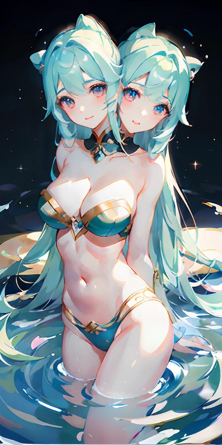 (best quality), (2 heads:1.5) 1 girl, water princess, genshin impact style