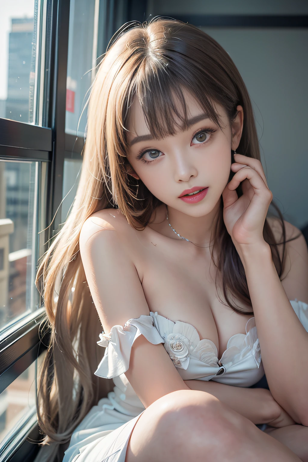((Girl lying in office)), Silver hair, Bangs, Blunt bangs, Long straight hair, aqua eyes, longeyelashes, Solid Circle Eyes, makeup, Open mouth, blush, Parted lips, Bright pupils, smiley, Seductive smile, glint, surrealism, Modern、Black pantyhose、high-heels、((Pure white dress、Floral dress、、off shoulders、: 1.6))、Skyscrapers are hazy in the windows、mix4、