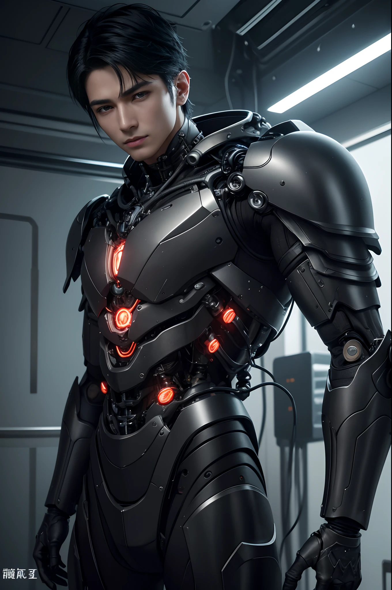 1 Mechanical Boy in the Makings、((super realistic details))、portlate、globalillumination、Shadow、octan render、8K、ultrasharp、metal、Convolut、Ornament Details、Cold color、Egyptian Detail、highly intricate detail、Realistic light、Trends in CGS Society、radiant eyes、Camera orientation、Neon Detail、machanical limbs、Blood vessels connected to tubes、Mechanical vertebrae attached to the back、Mechanical cervical neck was attached、Sedentary position、Wires and cables connected to the head,Handsome with black hair short hair,