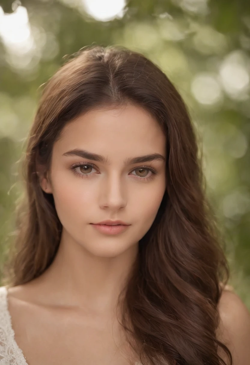 Isola a imagem de uma jovem de cabelos castanhos que emoldura delicadamente o rosto. Her brown eyes convey serenity and determination, Reflecting confidence in your expression. Em um estilo semelhante a uma fotografia de passaporte, Seu semblante calmo irradia bondade e calor. Light enhances the soft tones of your skin, creating a sense of closeness and trust through your direct gaze at the viewer".