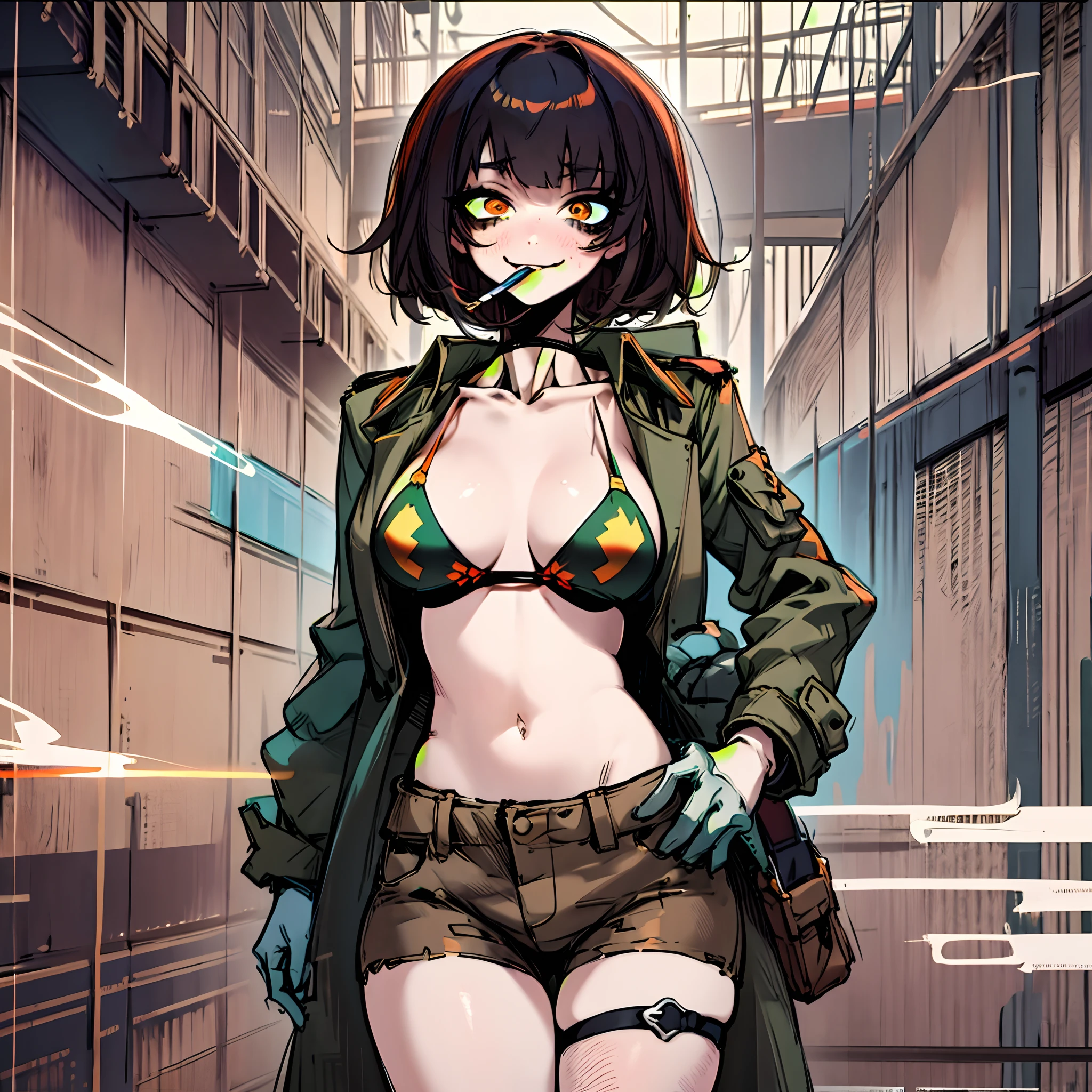 femele，Pokekid，Sexy body，Wearing a tattered green trench coat outside，Only a bikini was worn inside，huge tit，Wearing white gloves，brown shorts，Leg loops are tied to the legs，with short brown hair，red color eyes，Evil smile，Terrifying eyes，Several machetes hung from his waist，smoking girl，Full body like，Stand up，Golden eyes，Lots of detail，illustration，CG，quadratic element，high qulity，tmasterpiece，Cyberworld，jk style，smoking girl，bags under eyes,eyeliner,makeup