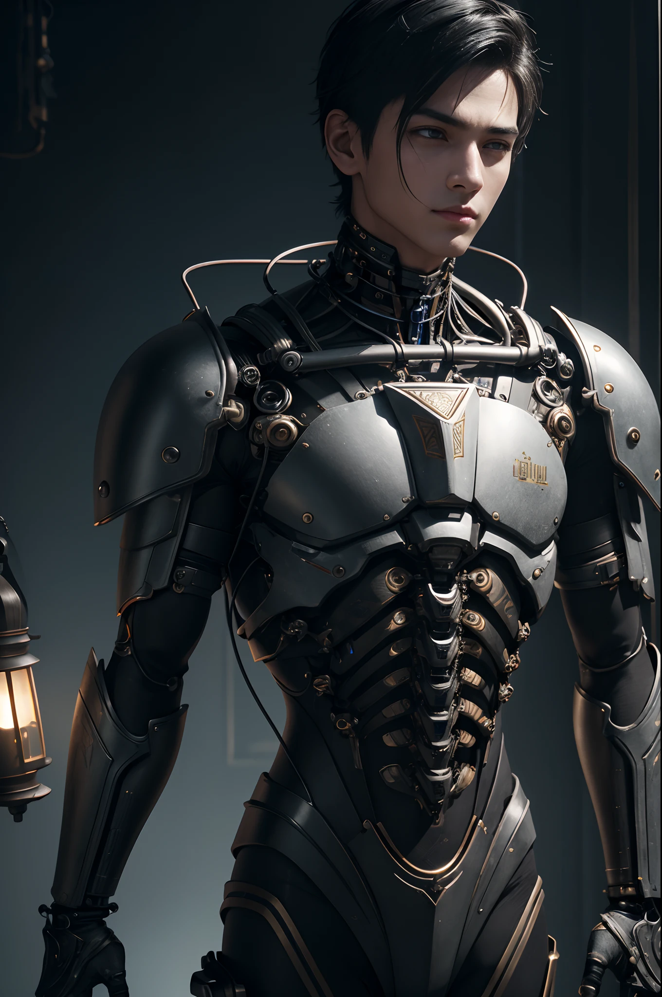 1 Mechanical Boy in the Makings、((super realistic details))、portlate、globalillumination、Shadow、octan render、8K、ultrasharp、metal、Convolut、Ornament Details、Cold color、Egyptian Detail、highly intricate detail、Realistic light、Trends in CGS Society、radiant eyes、Camera orientation、Neon Detail、machanical limbs、Blood vessels connected to tubes、Mechanical vertebrae attached to the back、Mechanical cervical neck was attached、Sedentary position、Wires and cables connected to the head,Handsome with black hair short hair,