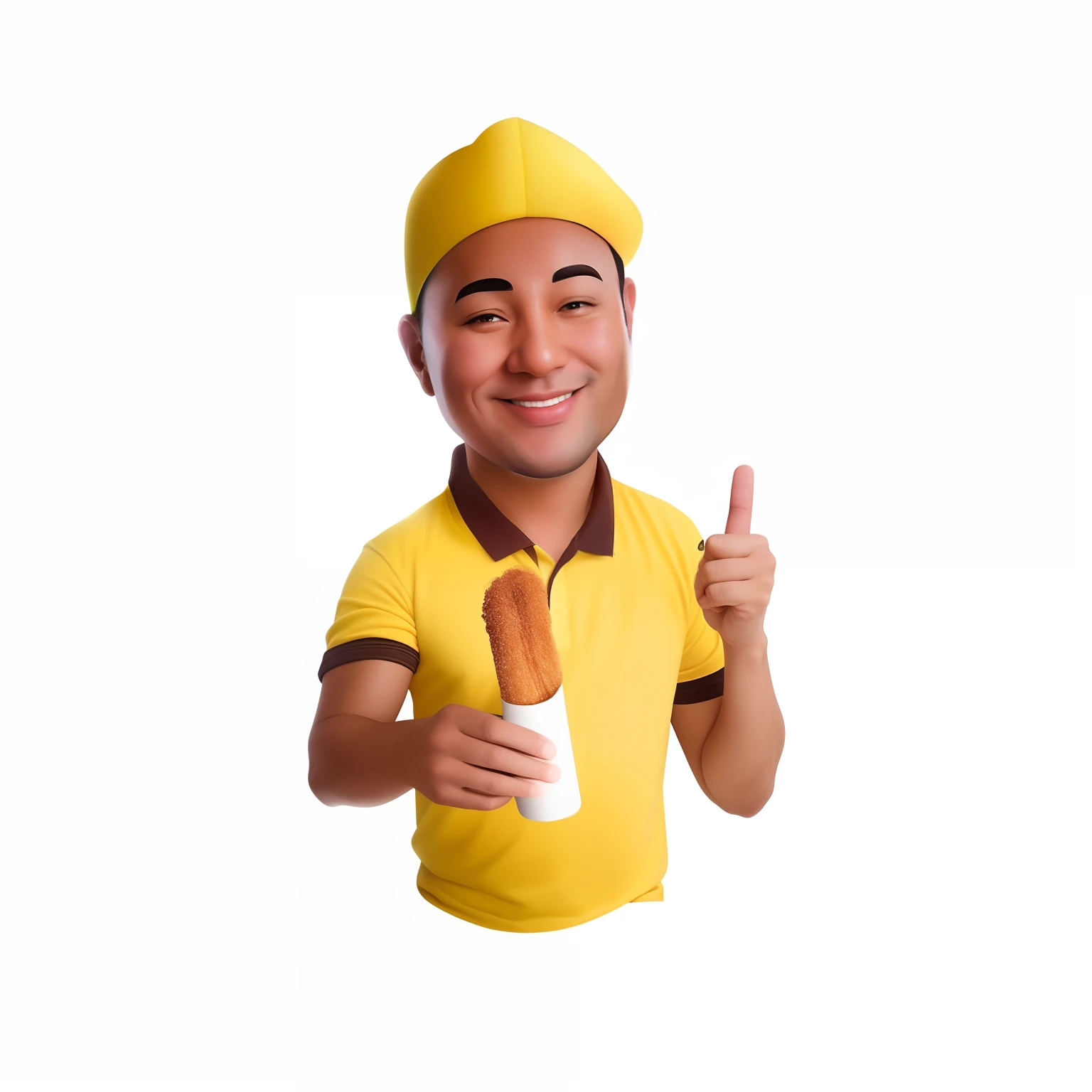 homem dos desenhos animados na camisa amarela segurando um churros e dando polegares para cima, commercial illustration, professional illustration, professional illustration, caricature illustration, servir batatas fritas, High quality illustration, promotional render, Cartoon style illustration, delicioso, official illustration, Asian man, art render, funny illustration, O Homem da Galinha, sharp render, retrato de alta qualidade, photo rendering, Lowres