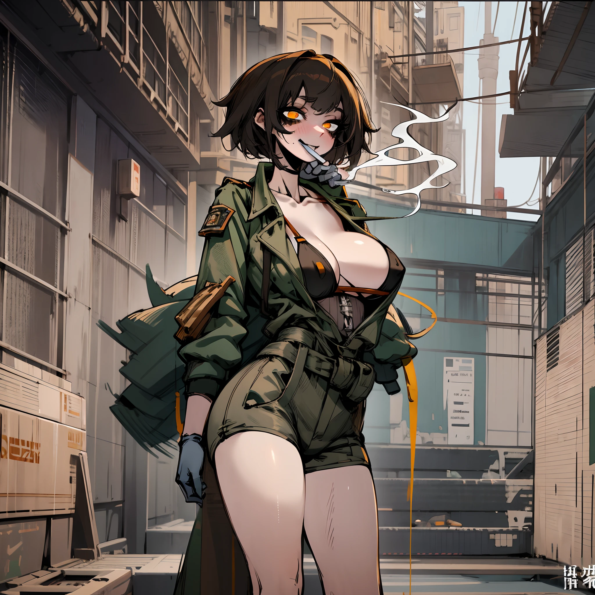 femele,Pokekid,Sexy body,Wearing a tattered green trench coat outside,Only a bikini was worn inside,huge tit,Wearing white gloves,brown shorts,Leg loops are tied to the legs,with short brown hair,red color eyes,Evil smile,Terrifying eyes,Several machetes hung from his waist,smoking girl,Full body like,Stand up,Golden eyes,Lots of detail,illustration,CG,quadratic element,high qulity,tmasterpiece,Cyberworld,jk style,smoking girl,bags under eyes,eyeliner,makeup
