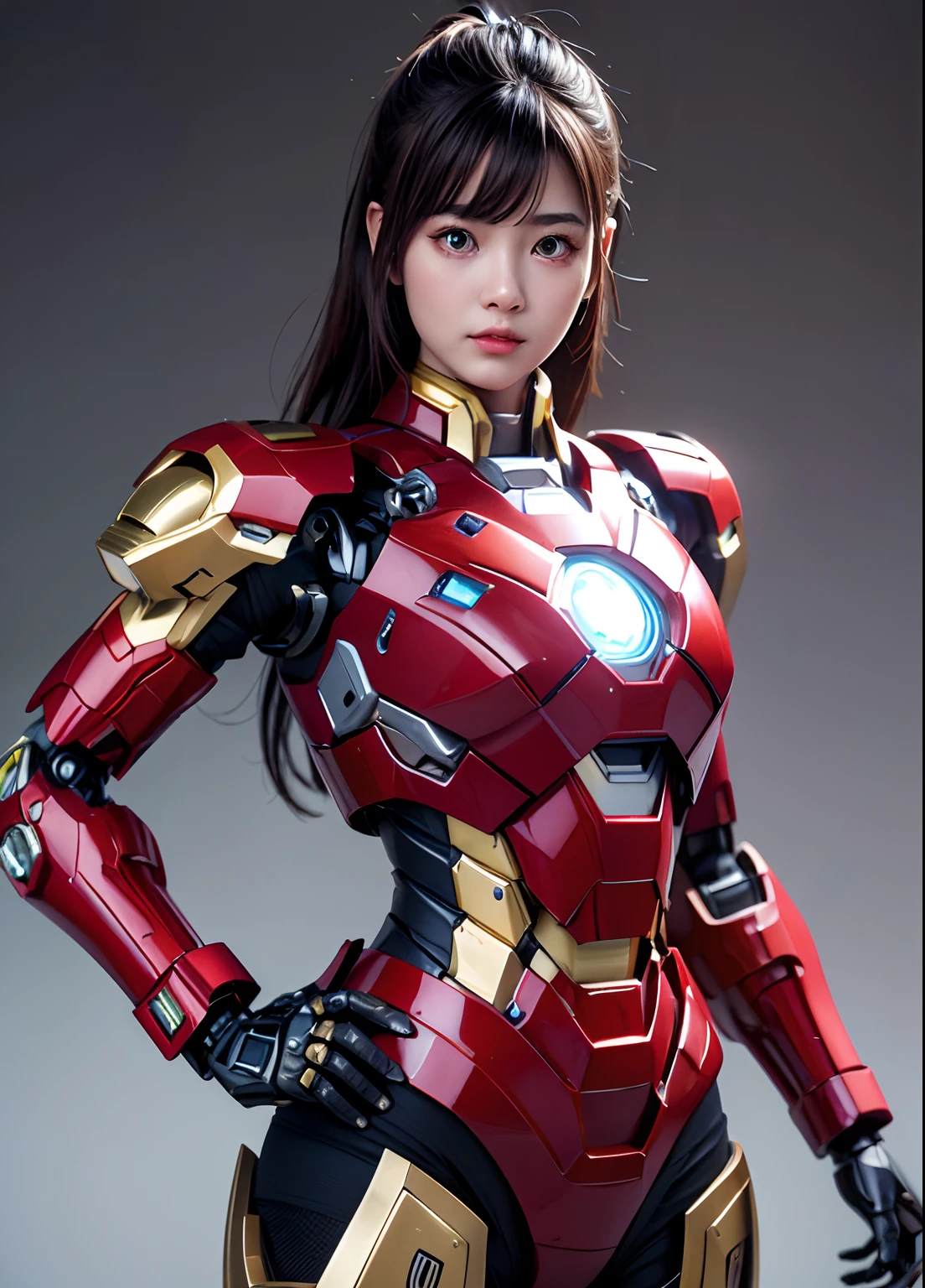 Textured skin, Super Detail, high details, High quality, Best Quality, hight resolution, 1080p, hard disk, Beautiful,(Iron Girl),beautiful cyborg woman,Mecha Cyborg Girl,Battle Mode,Girl with a Mecha Body,She wears an Iron Man mech,