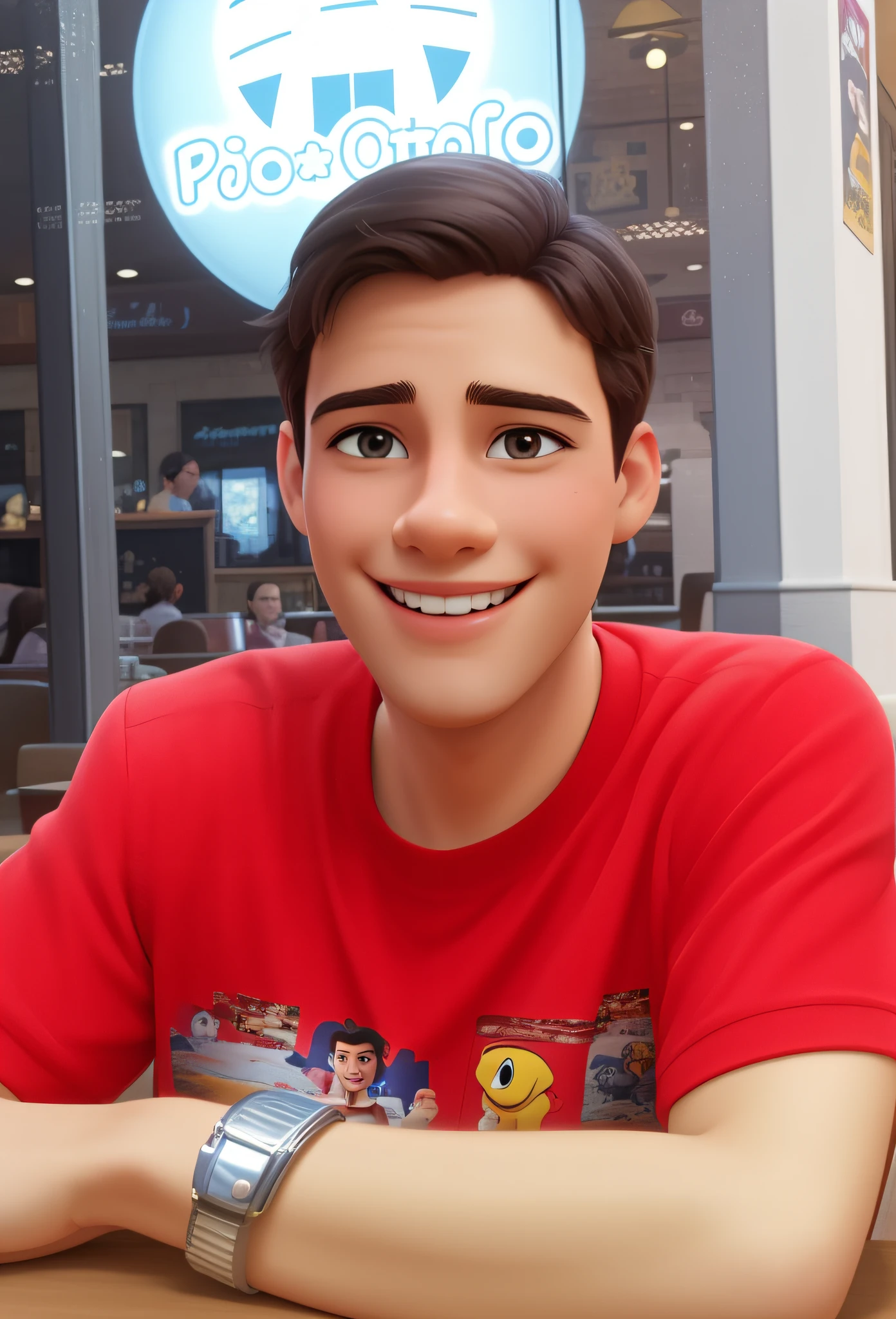 poster of handsome smiling boy sitting at a cafeteria table, disney-pixar cartoon style
