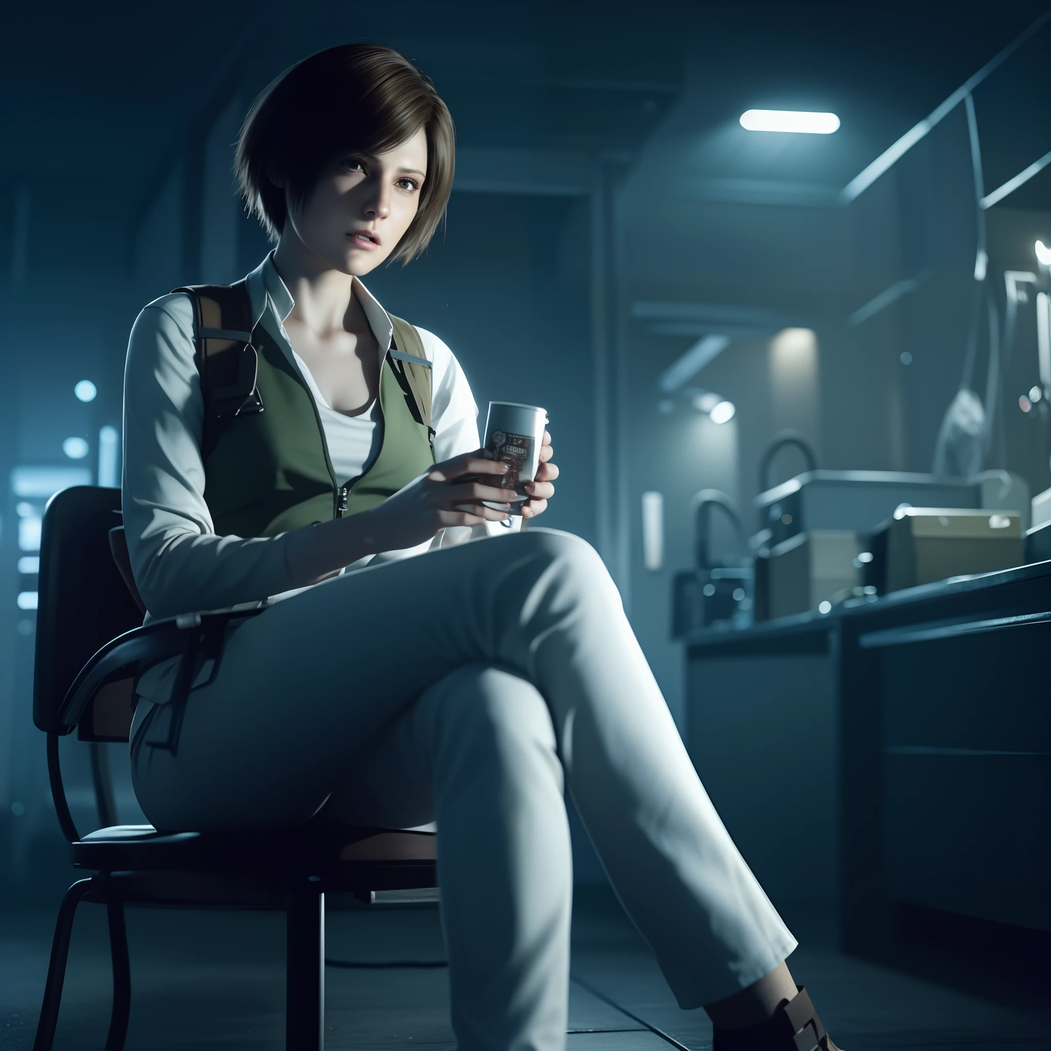 beautiful face, shy, short bob brown hair, perfect face, Rebecca chamber from resident evil, white jeans, green vest Long-sleeved, friendly face