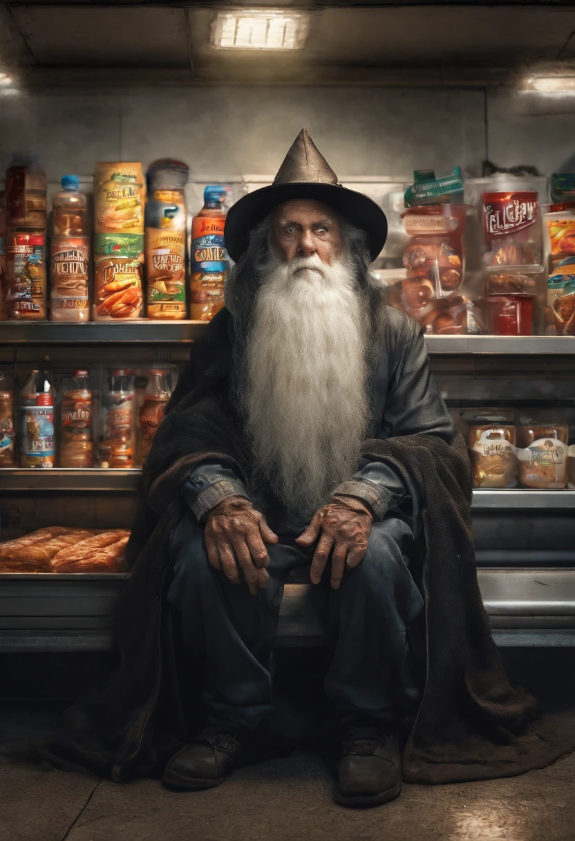 Down shot, Security camera footage of old ancient geezer dastardly evil wizard, in gas station, casting evil lightning spell, eating Costco hotdog, real Live Photo, cctv footage camera quality, realistic photo, evil wizard, long beard, tall pointy hat, terrorizing gas station employees with evil electricity spells