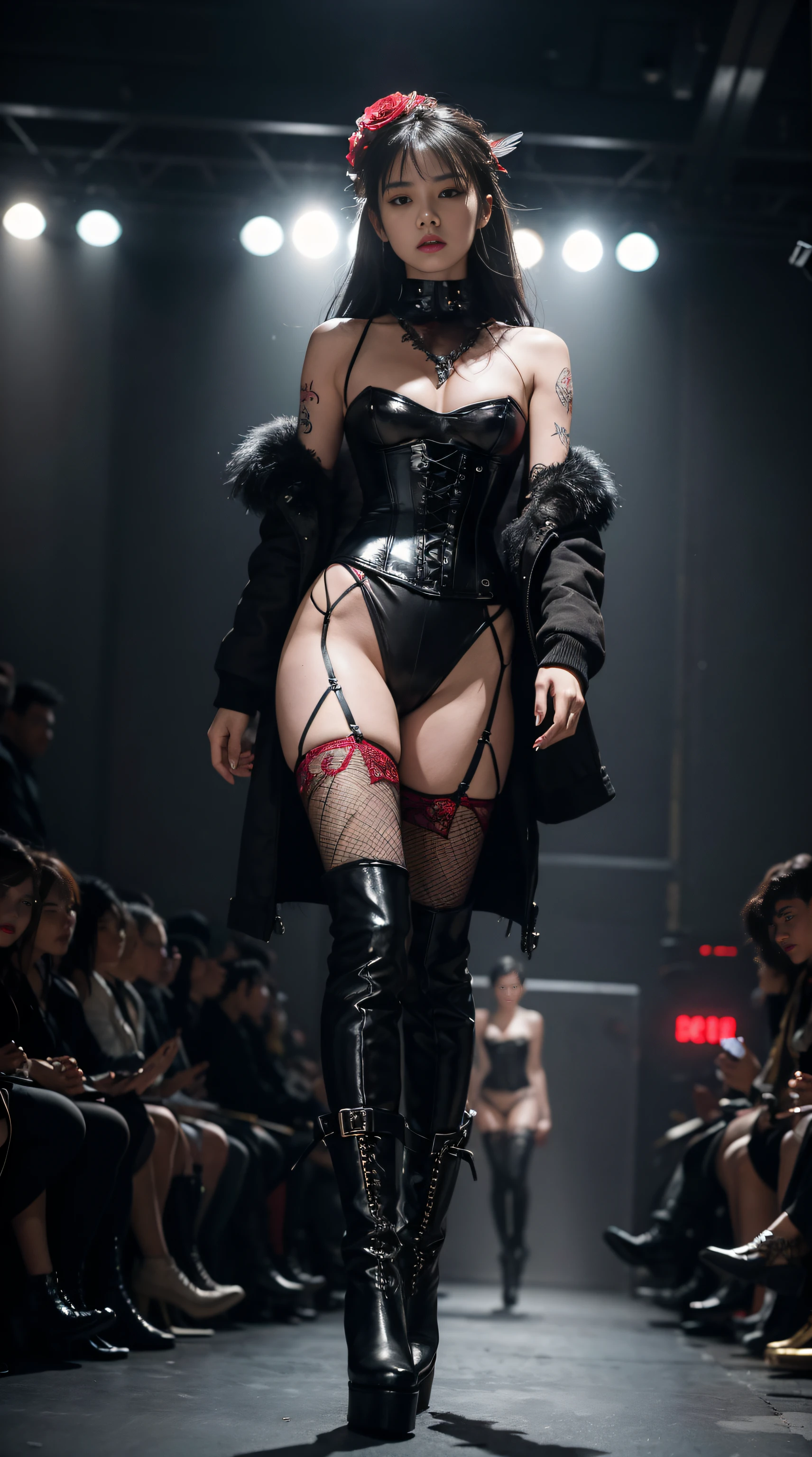 (Dramatic), (grittiness), (Intense),A female model,Tattooed with,She wears a stud PVC corset,red colour,There are feathers on the shoulders, wind coat,(kneehigh boots),(fish net leggings).(She confidently stood in the center of the runway show)。Rose flower,Fashionab, woman, Raised sexy,with dynamism, The background is dark and gritty,There is a sense of danger and a strong feeling。Adds to the overall drama and excitement。The color palette is dominated by dark colors,Dotted with bright colors,rich colourful,self-assured,boldness,attention-grabbing,Fashionab,Smart、moderno、Trendy、focus-on、