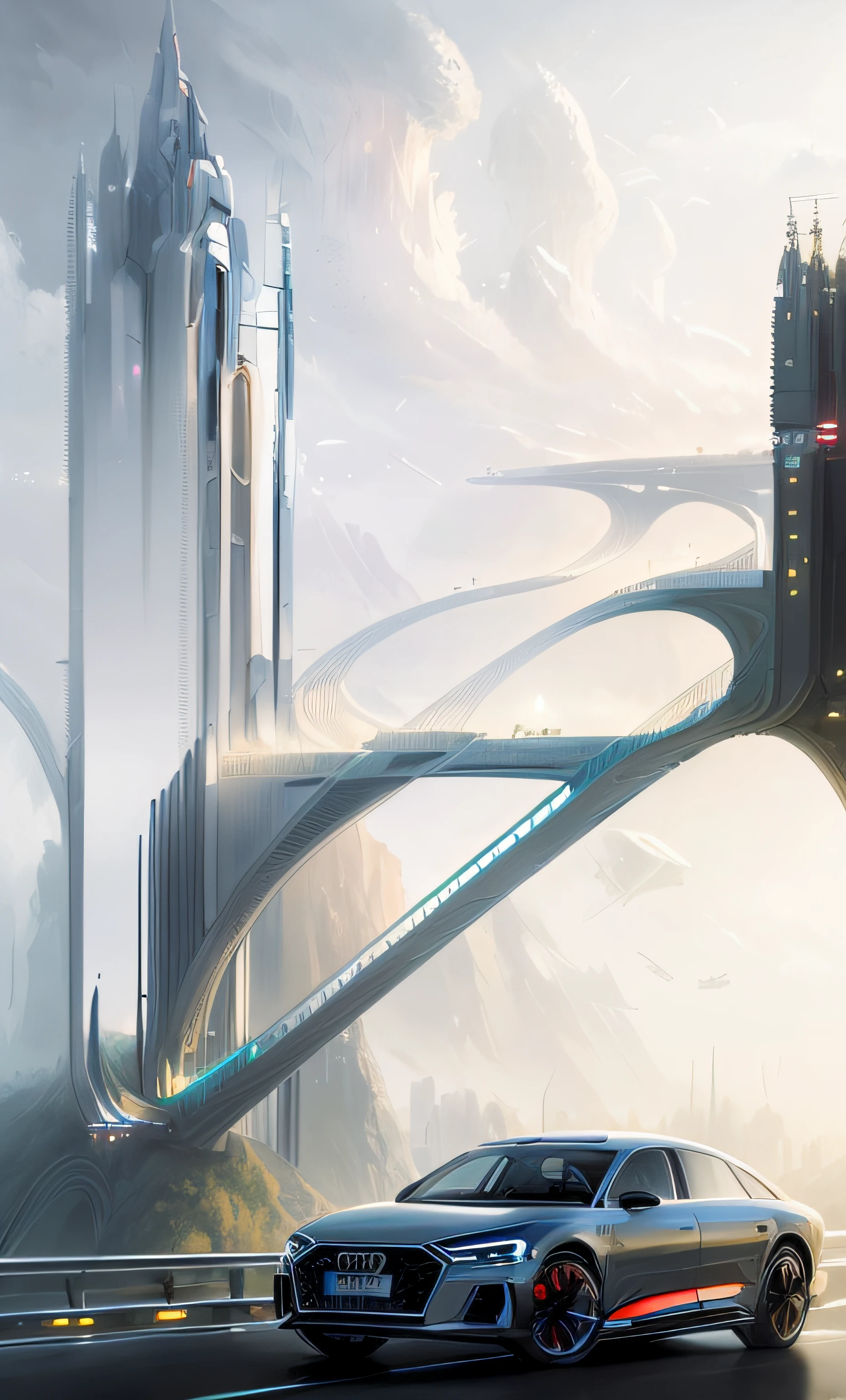 There was an Audi car driving on the road near the bridge, bastien grivet, elegant bridges between towers, sky bridges, soaring towers and bridges, Symmetrical painting, Extravagant paintings, inspired by Marek Okon, detailed futuristic architecture, otherwordly futuristic city, matte painting v ray, highly realistic concept art, Futuristic city landscape, sky bridges