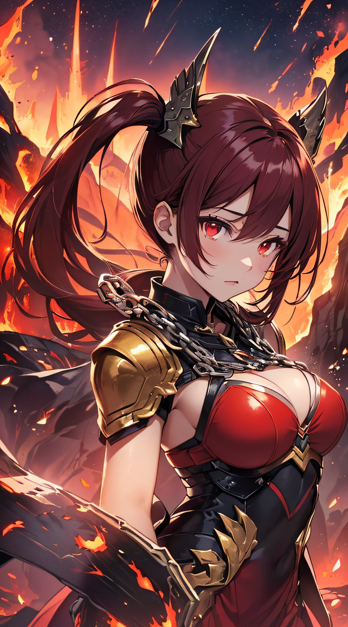 top-quality、Top image quality、masterpiece、girl with((20yr old、Best Bust、big bast、Bust 85,Red Eyes、Breasts wide open,Long twin tails with glowing red hair、A slender、Large valleys、RED dress、Red Magma Armor,Reflecting the whole body、Glowing Red Greatsword、High heat chain))、hiquality、Beautiful Art、Background with((Red sky、lava、the magma、Erupted volcanoes、Meteorites falling from the sky、Meteor))、masutepiece、visualart、depth of fields、