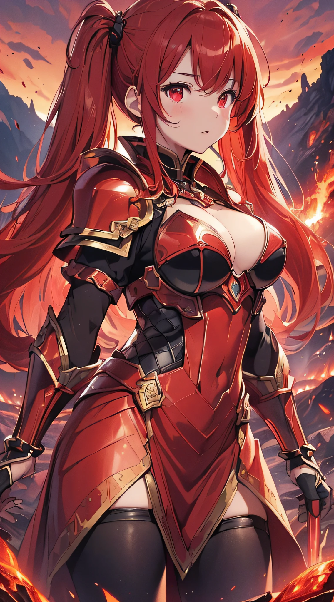detailed anime style, beautiful and stunning artwork, red clothes, shimmering shadows, strong colors,, an elf woman, red light lightsaber, cabelo cacheado, orange and red voluminous long hair, blue eyes, beautiful body, large hips. red armor, red one piece swimsuit with golden, black and white details. Medieval city background with orange and red lights