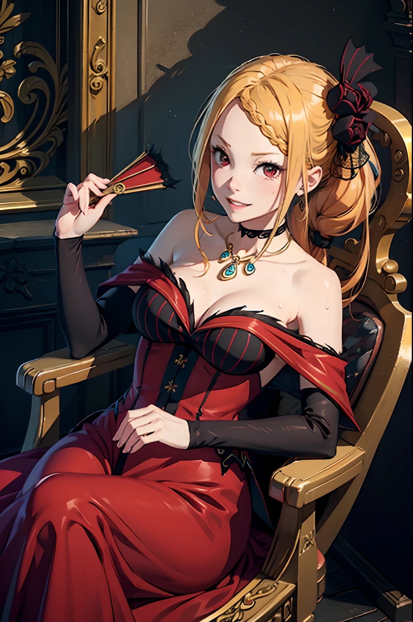 beautiful, masterpiece, best quality, extremely detailed face, perfect lighting, 1girl, hmpris, long hair, braided bangs, low ponytail, hair ornament, choker, collarbone, necklace, cleavage, bare shoulders, red dress, detached sleeves, black sleeves, throne room background, seductive smile, teeth visible when smiling, full body, right hand holding red fan, sweat on shoulders