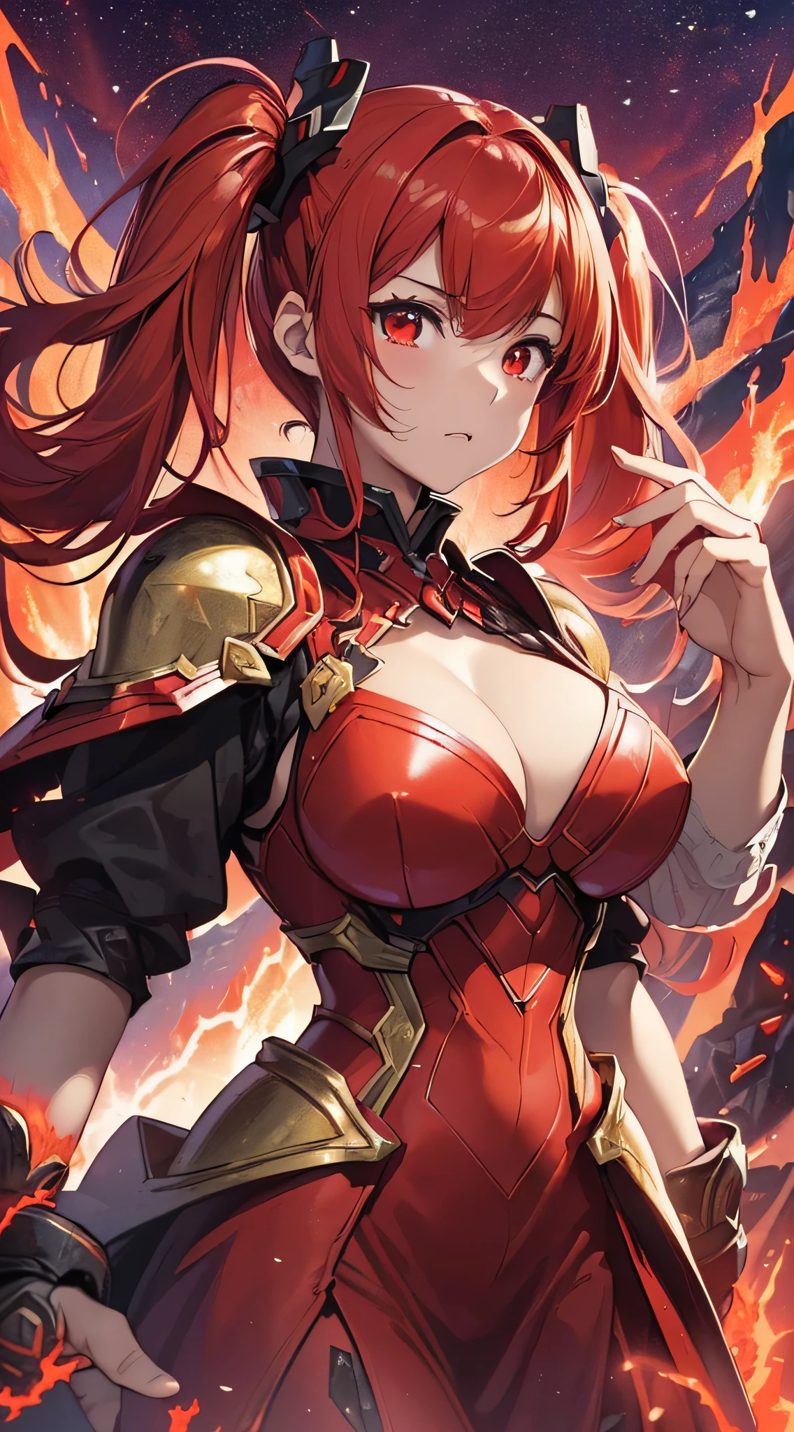 top-quality、Top image quality、masterpiece、girl with((20yr old、Best Bust、big bast、Bust 85,Red Eyes、Breasts wide open,Long twin tails with glowing red hair、A slender、Large valleys、RED dress、Red Magma Armor,Reflecting the whole body、Glowing Red Greatsword、High heat chain))、hiquality、Beautiful Art、Background with((Red sky、lava、the magma、Erupted volcanoes、Meteorites falling from the sky、Meteor))、masutepiece、visualart、depth of fields、