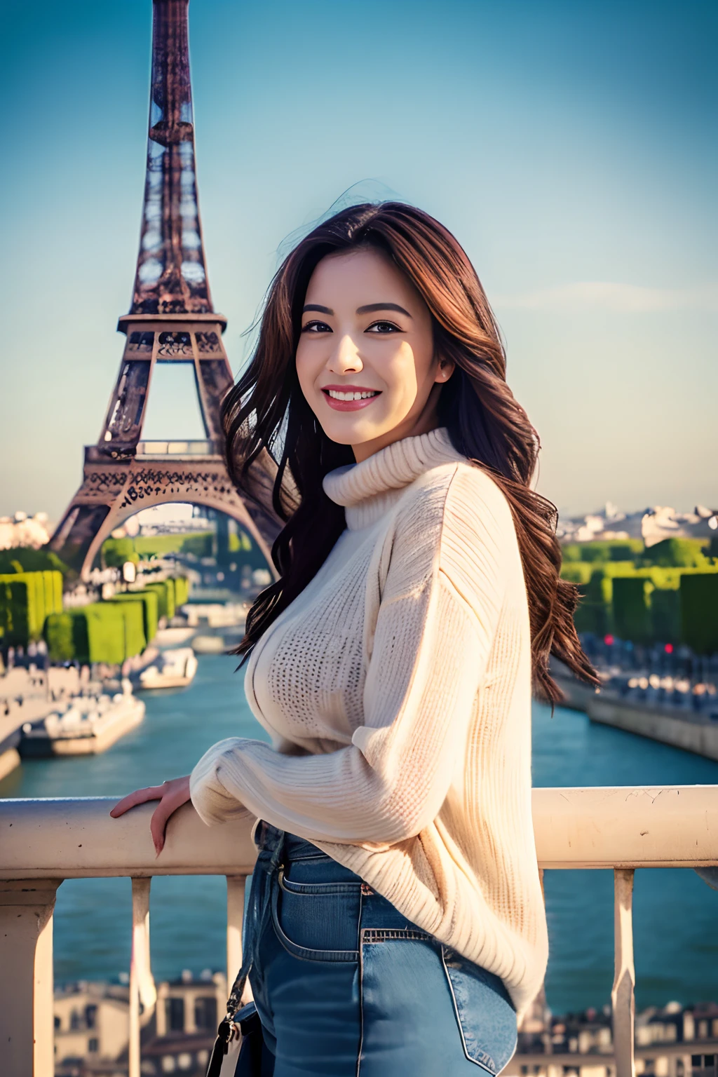 (8k, best quality, masterpiece:1.2),
(realistic, photo-realistic:1.37),
ultra-detailed,
1 girl, full body, Standing on the Paris city wearing turtleneck sweater and skinny jeans, with Eiffel Tower in the background,
cute,solo,
beautiful detailed sky,
(smile:1.15),(closed mouth),
small breasts,
beautiful detailed eyes,
(long hair:1.2),
floating hair NovaFrogStyle,