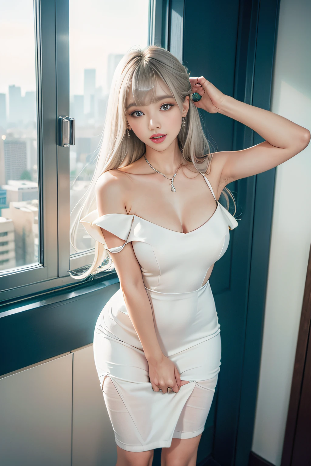 (MASTERPIECE:1.2),(CGI ART:1.3),(REALISTIC:1.5),(POST PROCESSING:1.3),(SHARP FOCUS:1.3),8K,1 girl in bedroom, ((UPPER BODY)), ((white dress)), (((shiny skin))), (wide shot:1.4), window, (((Pastel balloons MESS IN BACKGROUND))), (high shadows detail) , (ILLUSTRATION:1.2), (ulzzang-6500:1.0), ((HDR)),
