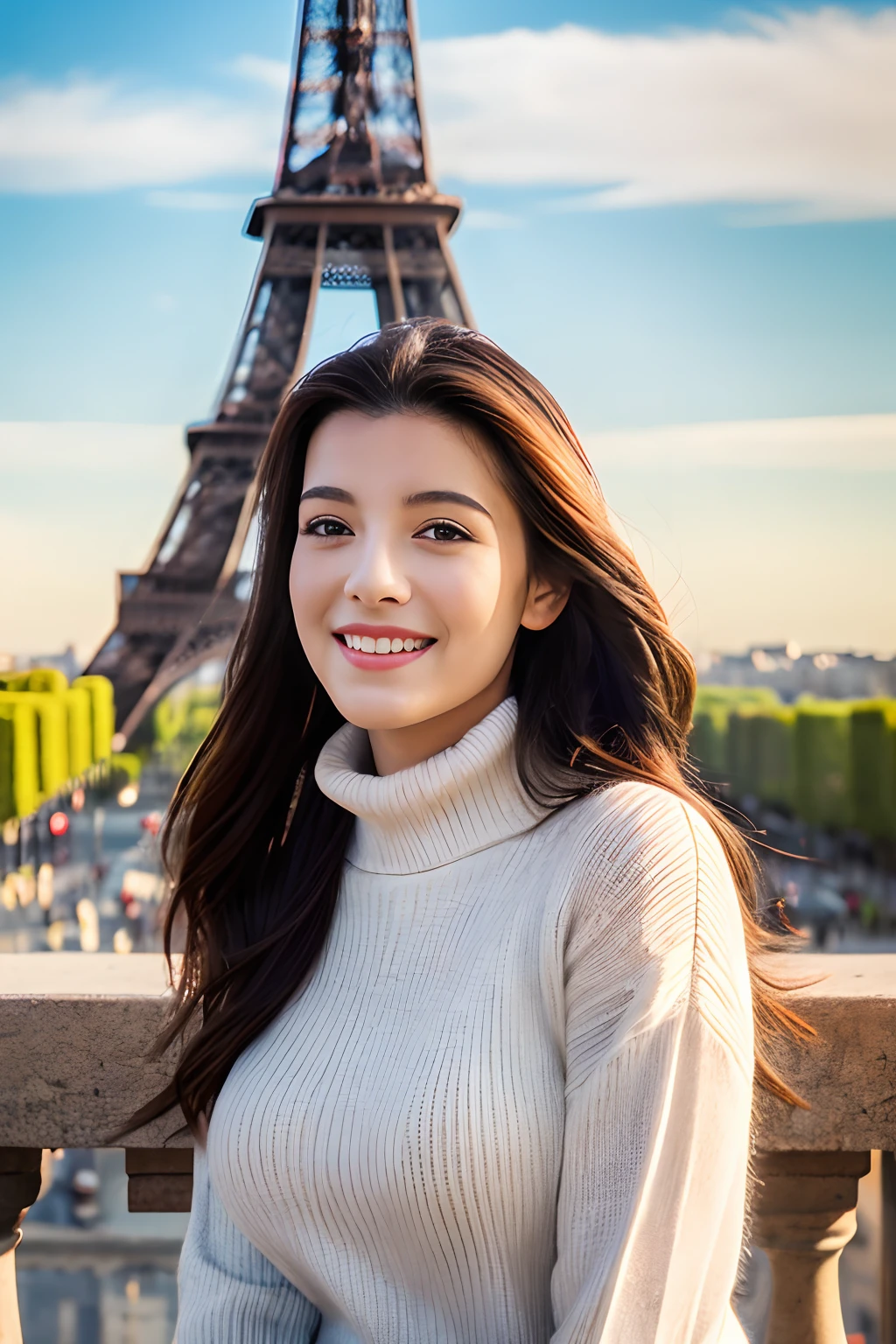 (8k, highest quality, masterpiece:1.2),
(realistic, photo-realistic:1.37),
super detailed,

1 girl, whole body, Standing on the streets of Paris wearing a turtleneck sweater and skinny jeans, With the Eiffel Tower in the background,

cute,alone,
beautiful and detailed sky,
(smile:1.15),(closed mouth),
small breasts,
detailed and beautiful eyes,
(long hair:1.2),
Floating hair NovaFrogStyle,