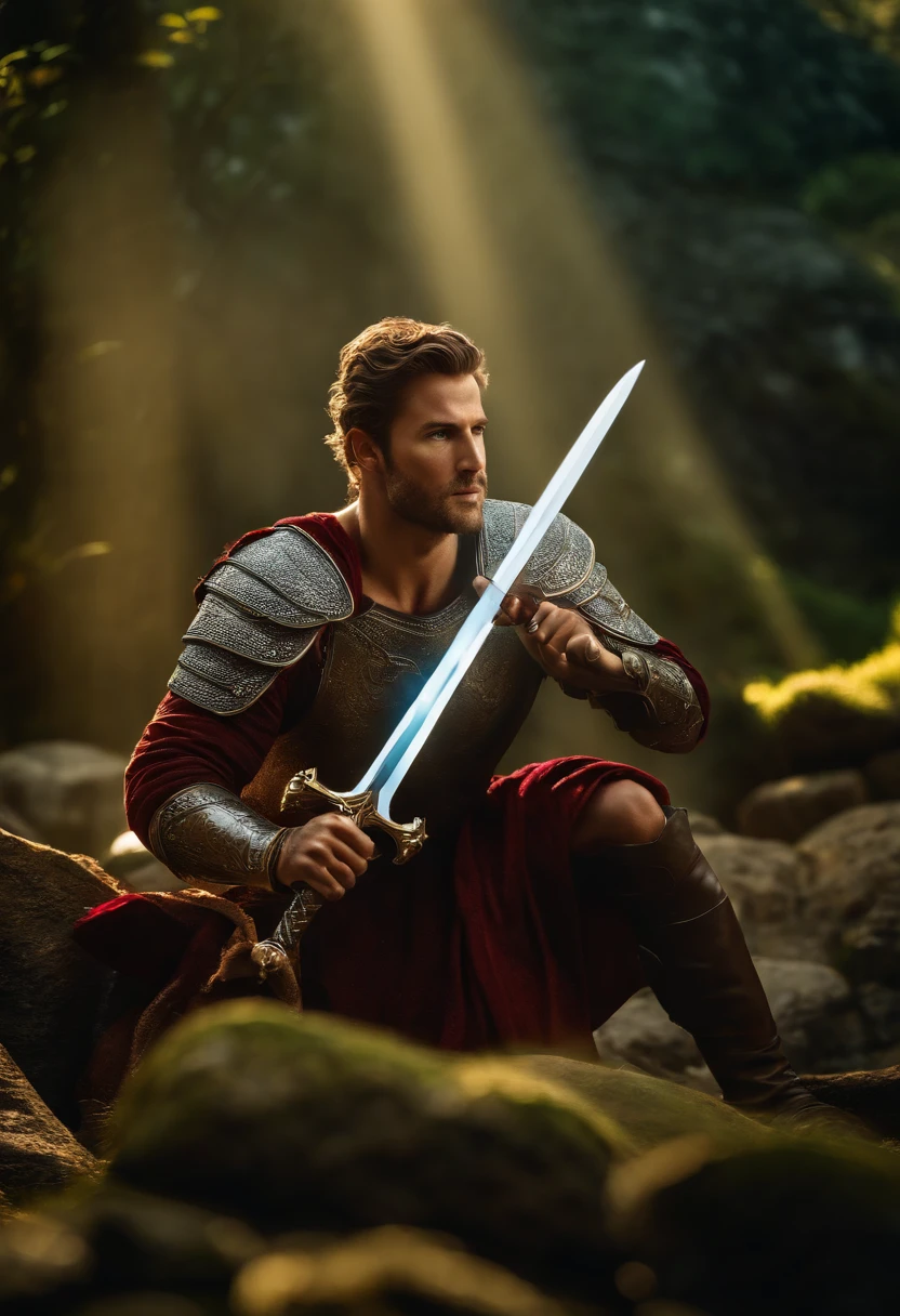 An image showing the legend Arthur extracting Excalibur from a mystical rock, with a bright light radiating from the sword and an expression of determination on Arthur's face. (Obra maestra: 1.5) (fotorrealista: 1.1) (Bokeh) (La mejor calidad) (textura detallada de la piel poros cabello: 1.1) (intrincado) (8k) (HDR) (papel tapiz) (cinematic lighting) (foco nítido )