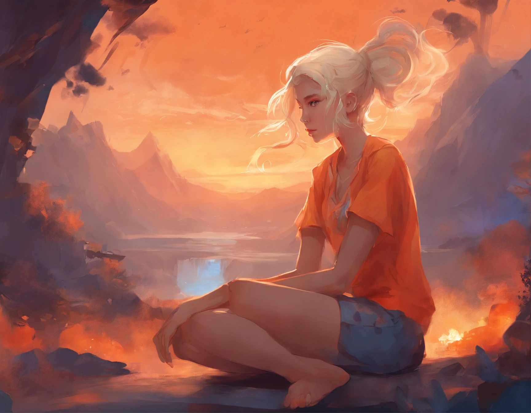 there is a gilr sitting on a chair , lofi artstyle, ahe is about 20 years old with orange shirt, blue shorts, artwork in the style of guweiz, inspired by Bian Shoumin, with short ponytail,blonde hair , smooth in _ the background, shot with sony alpha, daily life, instagram story, chillhop, smoothly, guweiz, Eye Stormy Grey, Hair Honey Blonde, short ponytail , holding a
dagger , orange t shirt that says "Camp half-blood!"