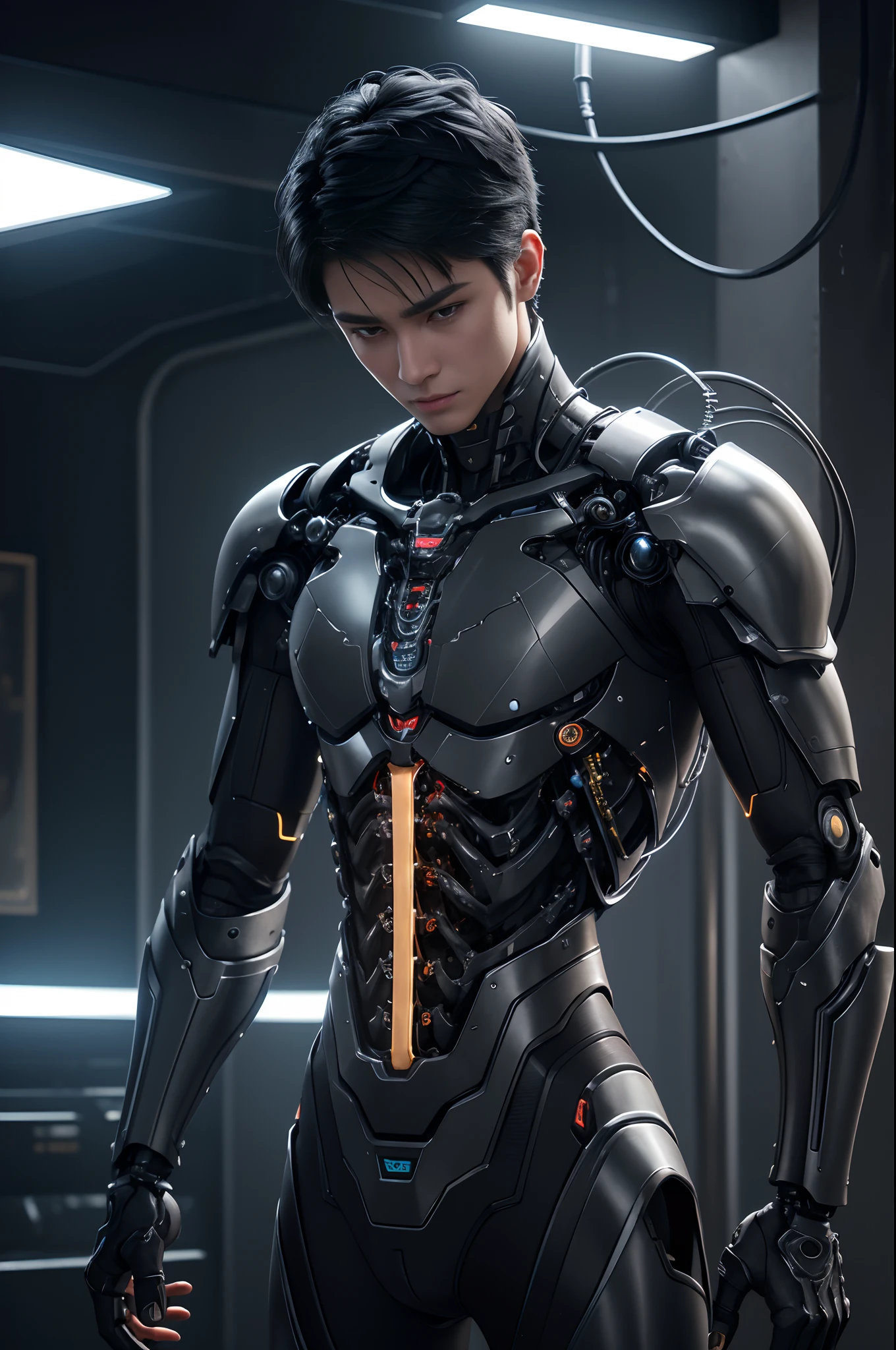 1 Mechanical Boy in the Makings、((super realistic details))、portlate、globalillumination、Shadow、octan render、8K、ultrasharp、metal、Convolut、Ornament Details、Cold color、Egyptian Detail、highly intricate detail、Realistic light、Trends in CGS Society、radiant eyes、Camera orientation、Neon Detail、machanical limbs、Blood vessels connected to tubes、Mechanical vertebrae attached to the back、Mechanical cervical neck was attached、Sedentary position、Wires and cables connected to the head,Handsome with black hair short hair,Connected to many cables,appearance々No color to issue LEDs,android,Half of the body is a machine,