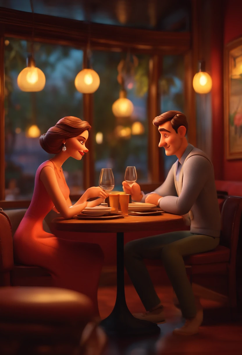 Desenho em estilo 3D da Pixar de um casal sentado em uma mesa de restaurante jantando
