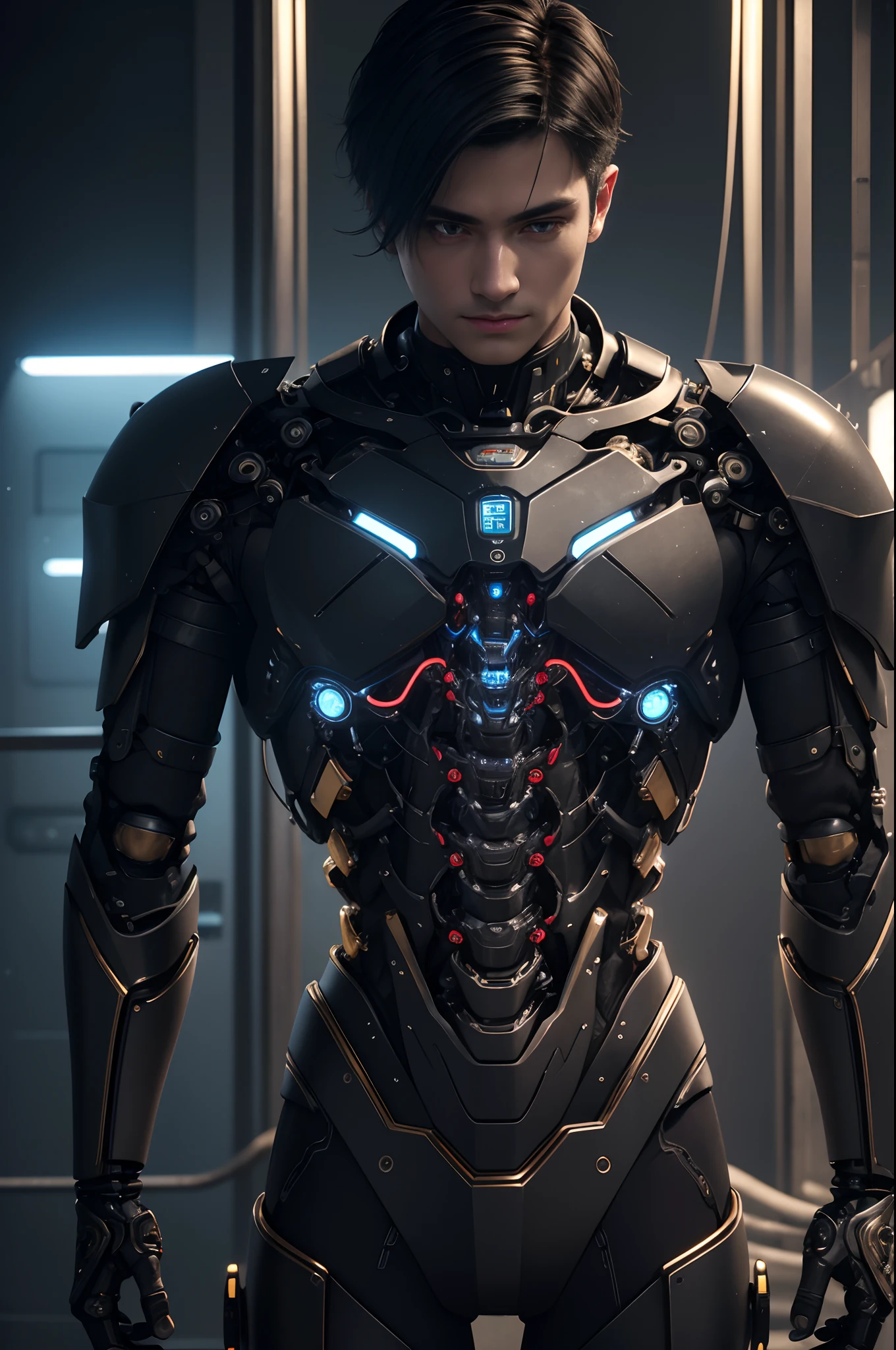 1 Mechanical Boy in the Makings、((super realistic details))、portlate、globalillumination、Shadow、octan render、8K、ultrasharp、metal、Convolut、Ornament Details、Cold color、Egyptian Detail、highly intricate detail、Realistic light、Trends in CGS Society、radiant eyes、Camera orientation、Neon Detail、machanical limbs、Blood vessels connected to tubes、Mechanical vertebrae attached to the back、Mechanical cervical neck was attached、Sedentary position、Wires and cables connected to the head,Handsome with black hair short hair,Connected to many cables,appearance々No color to issue LEDs,android,Half of the body is a machine,