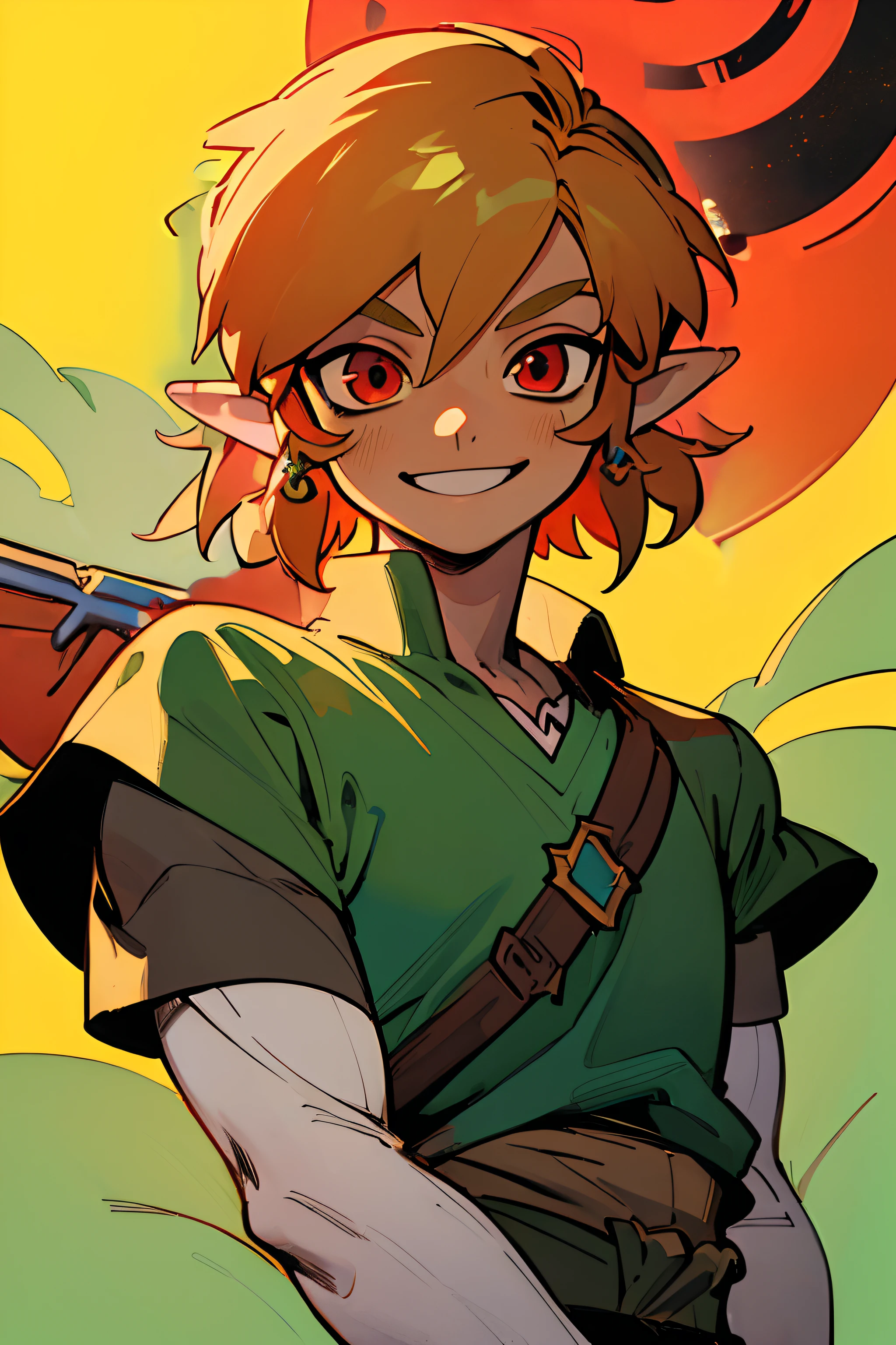 (best quality, masterpiece), 1boy, legend of zelda, link, smile, blonde, upper body, red eyes