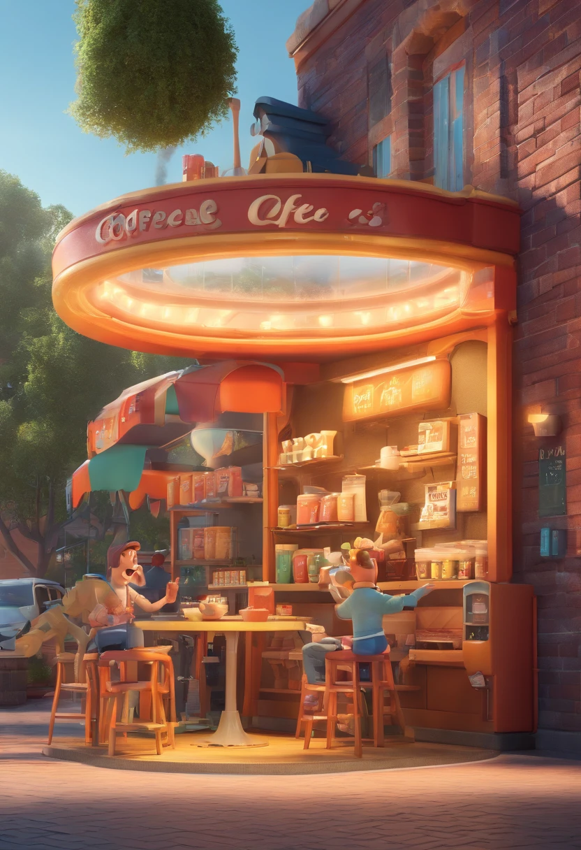 Disney Pixar animation poster of a coffee shop called café at the gas station that is located in a gas station, With people drinking coffee