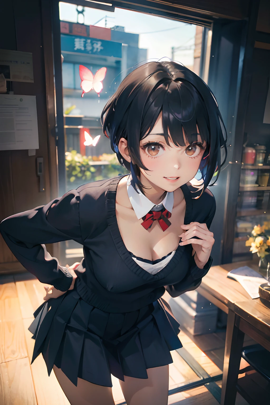 a 20 yo woman、Black blue Hair、Bery short hair、Big smile、(hi-top fade:1.3)、dark themed、Muted Tones、Subdued Color、highly contrast、(natural skin textures、Hyper-Realism、Soft light、sharp)、masutepiece, Best Quality, hight resolution, KR1, Brown eyes, Blunt bangs, kibito high school uniform, Skirt, Sweaters, Pleated skirt, sox, Small breasts, Leaning forward, put hands on the hip, cleavage of the breast、Clothing that exposes the chest、(hi-top fade:1.3)、Tattoo of flowers and butterflies on the chest、