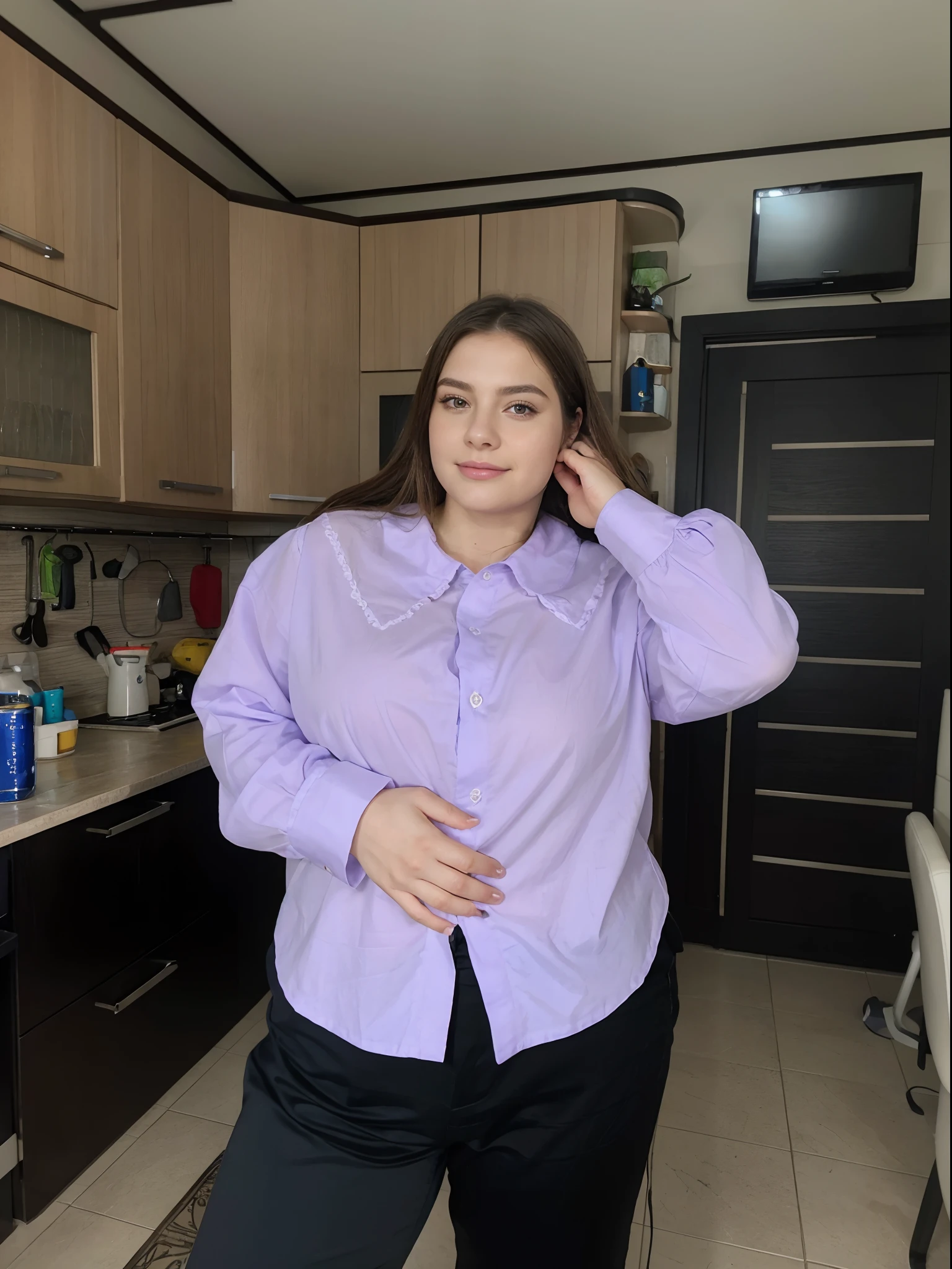 foto realista, handsome girl, Slimmer girl, European appearance, Neat hair, Better quality, Studio Photography, Traced hands, Detailed hands, Detailed hands, beautiful hair, Uncluttered Shirt, purple shirt