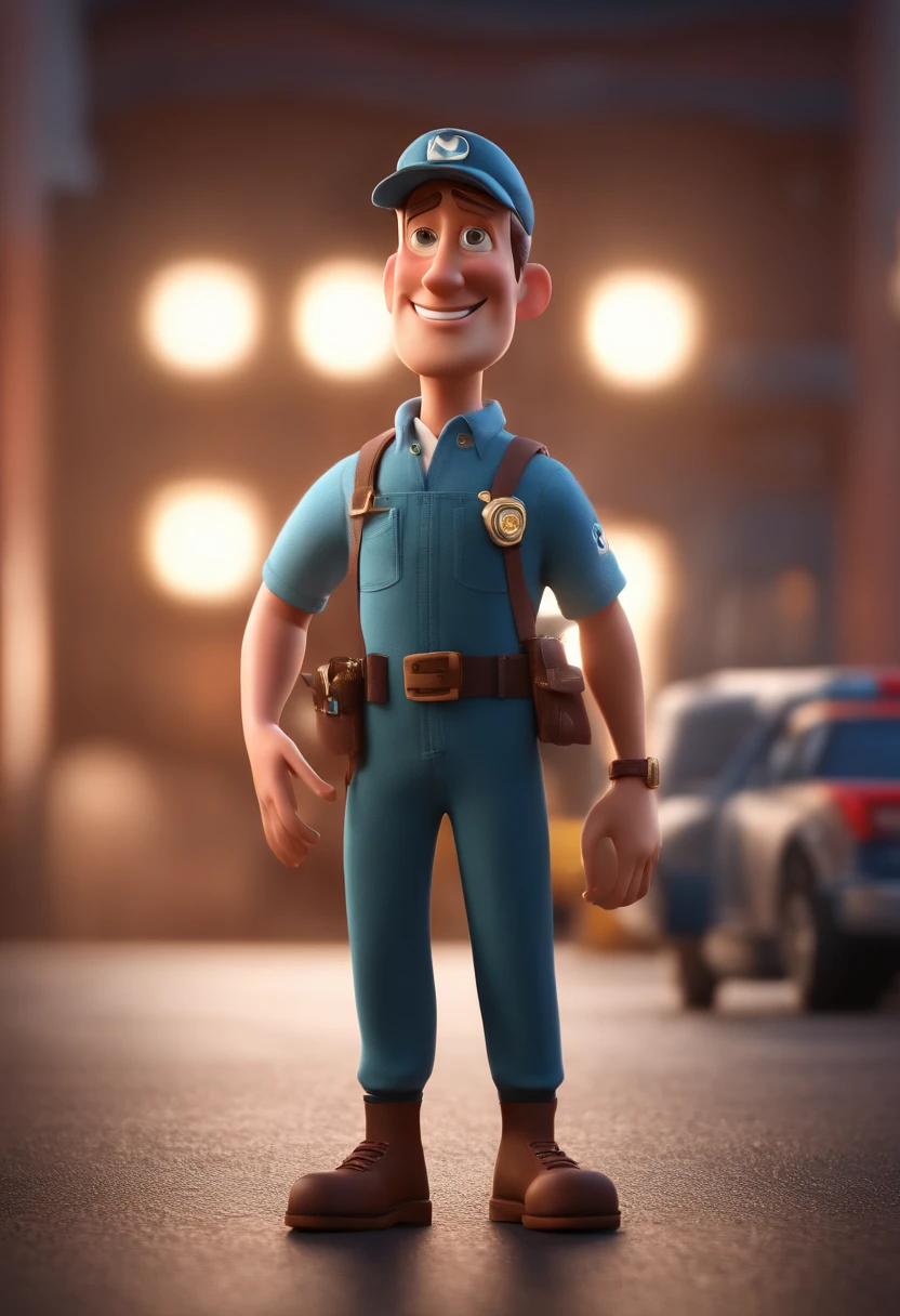 man standing, Overalls dress, Near ambulances , animation character, Caractere estilizado, animation style rendering, 3D estilizado, Arnold Maya render, 3 d render stylized, toon render keyshot, Personagem 3D, Personagem 3D, 3d rendering stylized, 3 d character render, personagem de desenho animado, Personagem de close up, Pose de personagem, (Estilo Pixar) (master part:1.2) (Bokeh) (best quality) (pele detalhada) (textura detalhada) (8k) (argila) (Cinematic lighting) (foco nítido