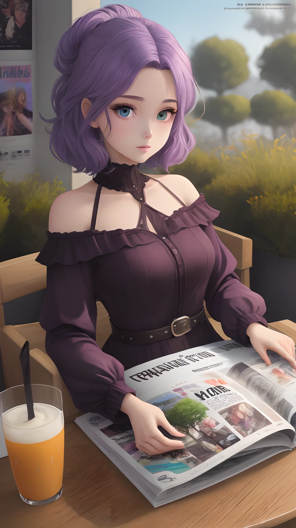 personnage woozworld
cheveux au carré violet code couleur 7B184B
yeux vert code couleur A85700
qui tient un magazine
decor avec des arbres
