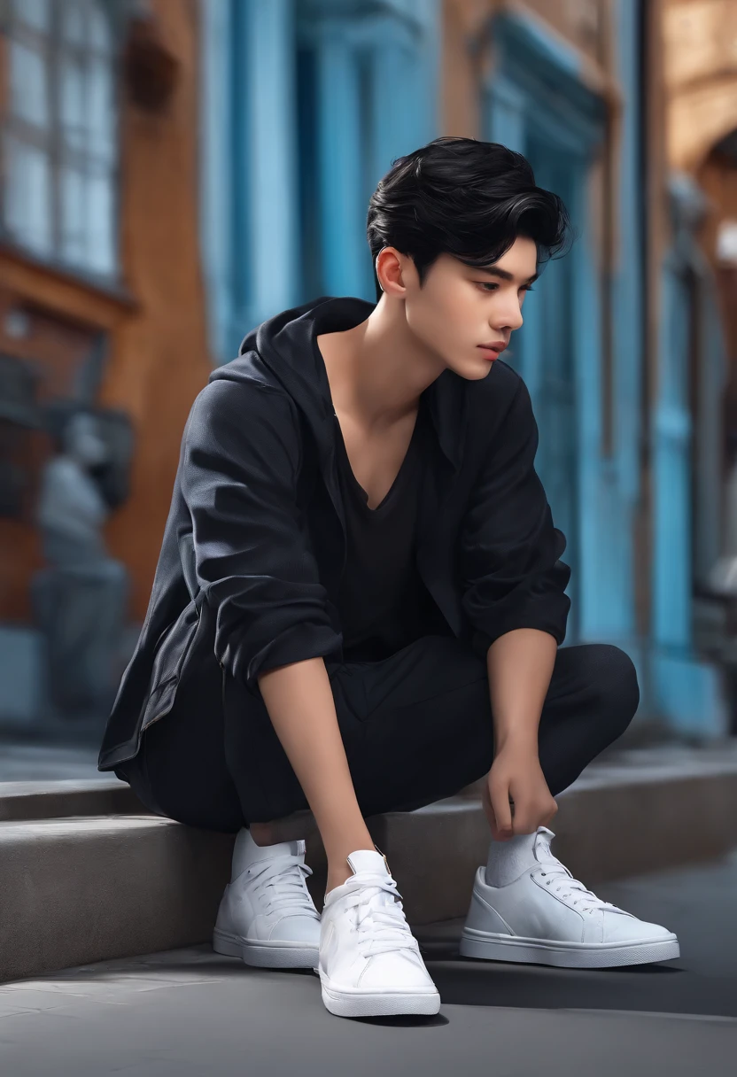 Draw black hair boy down black blouse white t-shirt blue pants white shoe sitting on sidewalk 3D drawing p