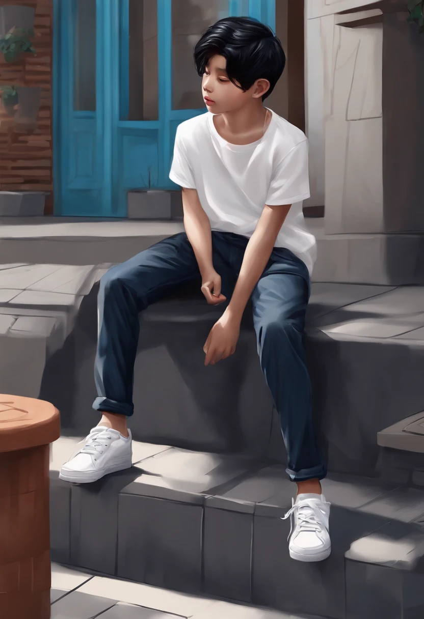 Draw black hair boy down black blouse white t-shirt blue pants white shoe sitting on sidewalk 3D drawing p