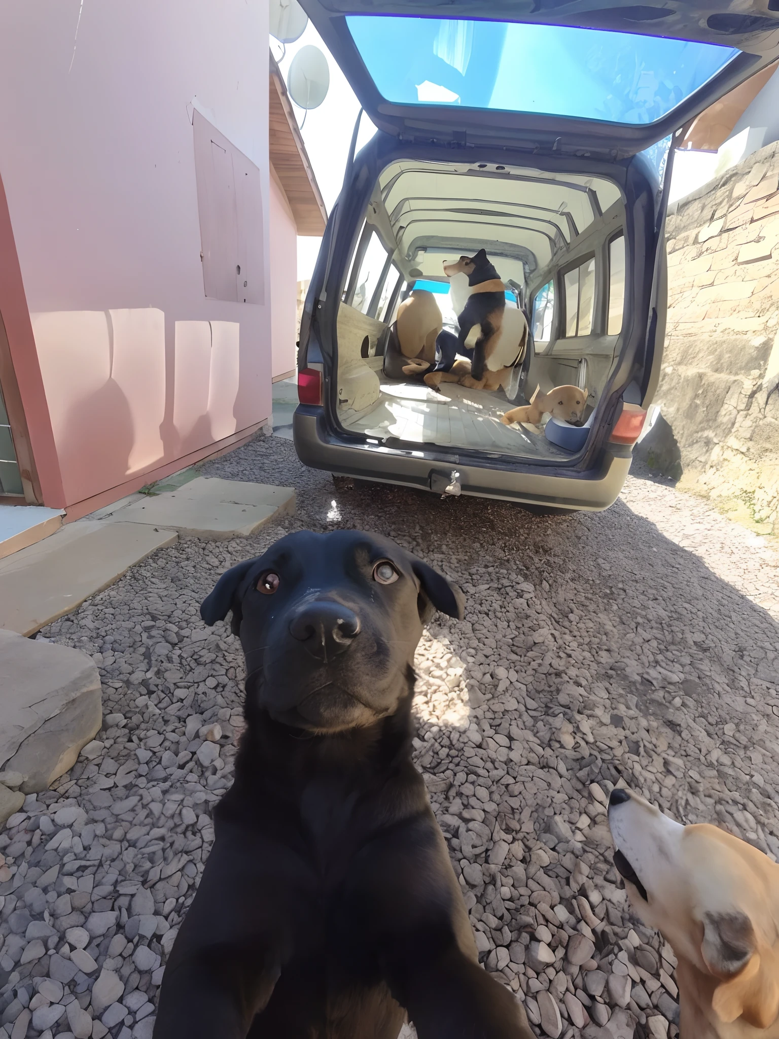 There's a puppy that's sitting on the gravel near a car, selfie of a dog, front facing the camera, Looking towards the camera,