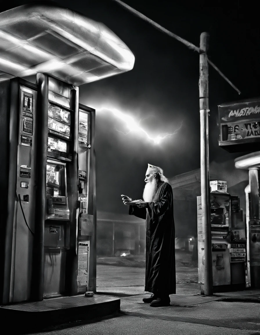 Down shot, Security camera footage of old ancient geezer dastardly evil wizard, in gas station, casting evil lightning spell, eating Costco hotdog, real Live Photo, cctv footage camera quality, realistic photo, evil wizard, long beard, tall pointy hat, terrorizing gas station employees with evil electricity spells
