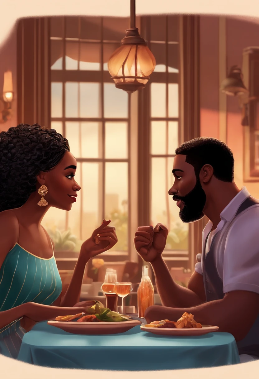 she is dressed in black lace lingerie, her curly hair framing her beautiful face, a tall, black man stands behind her, arms wrapped around her waist, he has a full beard and locs, the scene is set in a cozy living room . The artist, renowned for their attention to detail, creates a heartwarming scene with rich colors and intricate textures. Other elements in the room are champagne bottle on the the table two champagne glasses, next to a bouquet of red roses, create in 4k