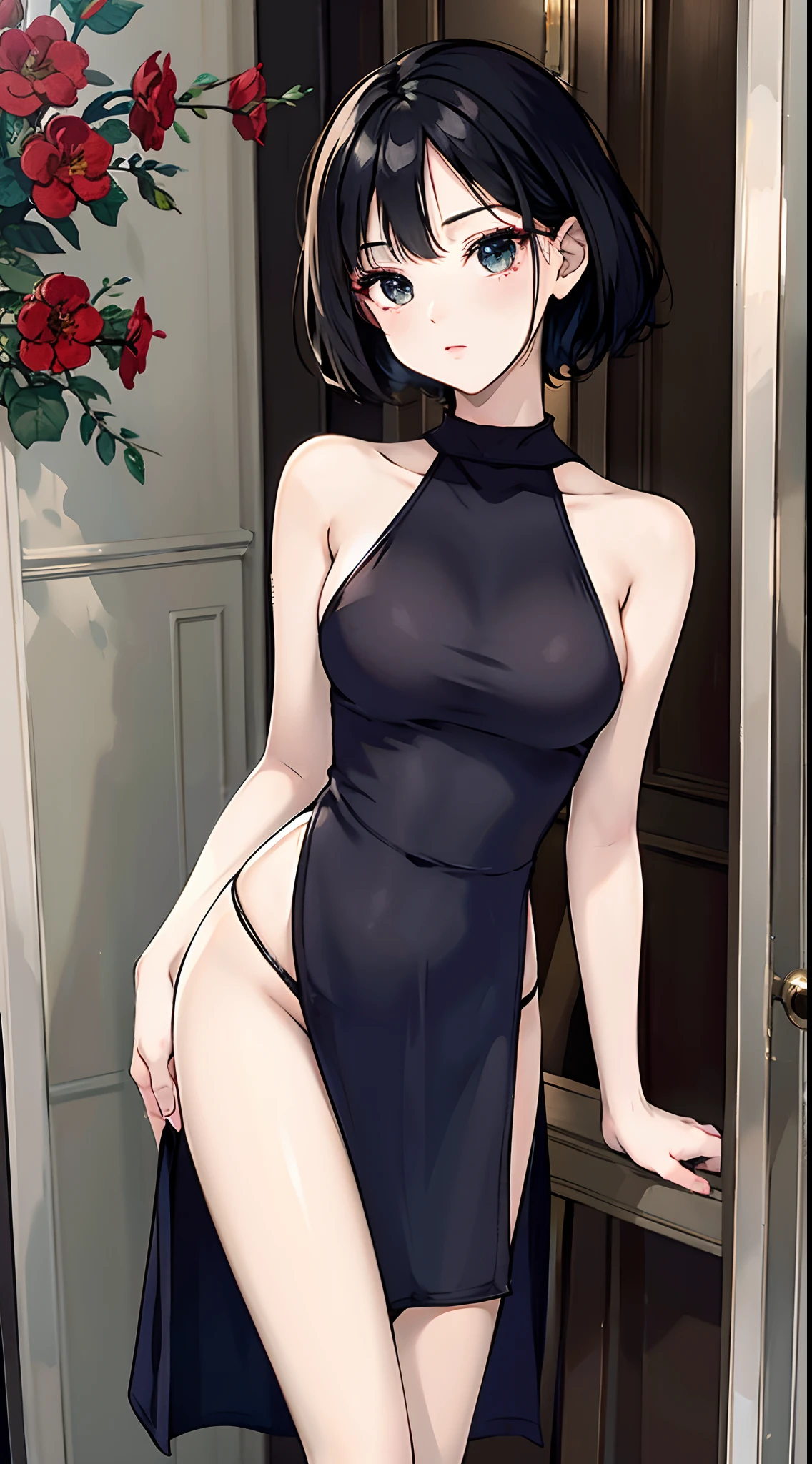 Lingerie, standing, looking at viewer,short hairs, chinese dress,lingerie, upper body