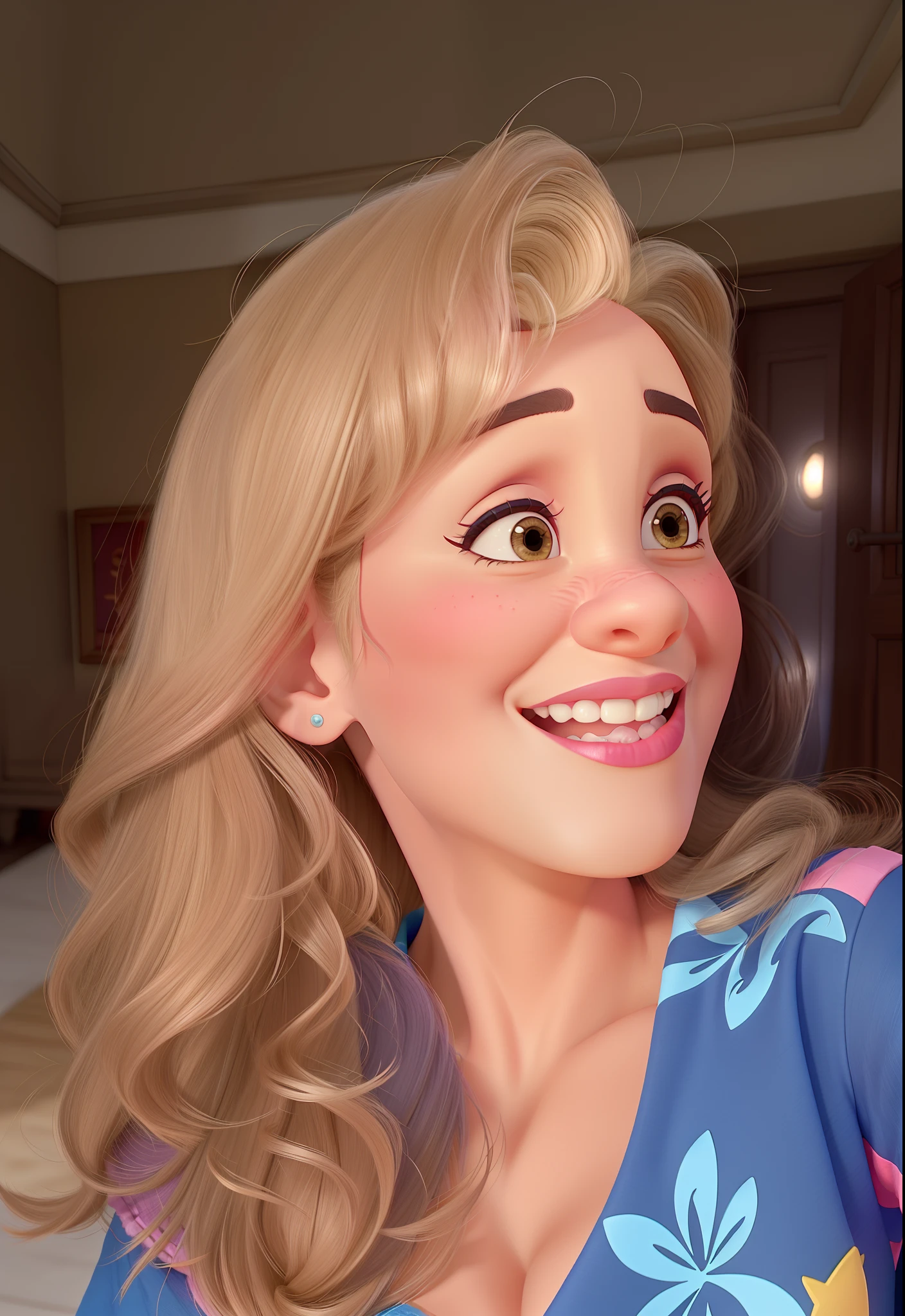 Mulher, 55 anos, batom rosa na boca, sorriso com boca semiaberta, estilo disney pixar, melhor qualidade