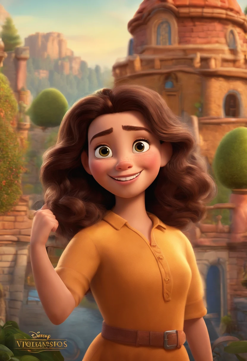 Are you looking to enhance your Disney Pixar-inspired movie poster description. Here's a more detailed version:

"Imagine a movie poster in the unmistakable Disney Pixar style. Na imagem, A young woman with medium-length hair stands out, ricamente castanhos, que exibem cachos bem definidos e volumosos. Her skin has a medium tone and her eyes are brown. The scene is masterfully executed in Pixar's signature art style, where the expressions of the characters are the central focus. Cores vibrantes preenchem o quadro, criando uma atmosfera visualmente atraente. Textures are precisely detailed, adding depth to the image. The end result perfectly captures the distinctive characteristics of Disney Pixar animations, promising an immersive and magical cinematic experience."