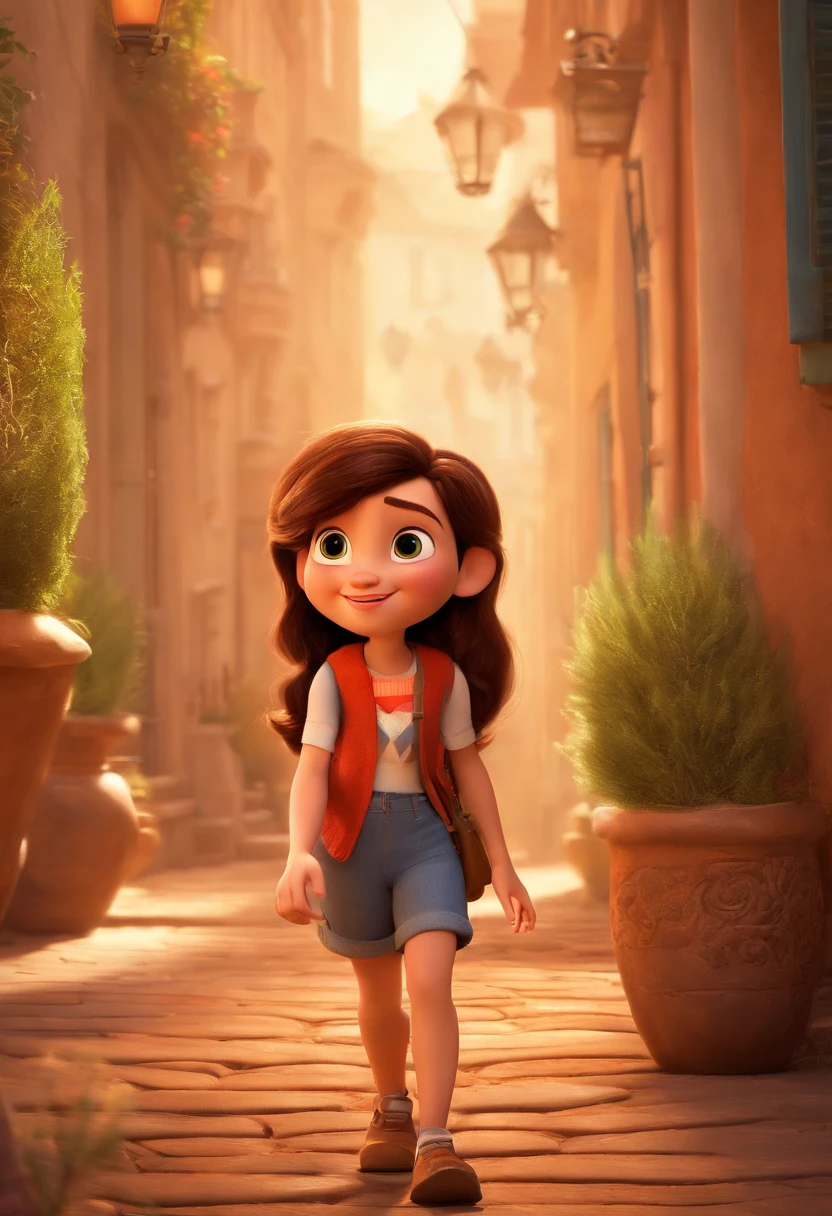 Are you looking to enhance your Disney Pixar-inspired movie poster description. Here's a more detailed version:
"Imagine a movie poster in the unmistakable Disney Pixar style. Na imagem, A young woman with medium-length hair stands out, ricamente castanhos, que exibem cachos bem definidos e volumosos. Her skin has a medium tone and her eyes are brown. The scene is masterfully executed in Pixar's signature art style, where the expressions of the characters are the central focus. Cores vibrantes preenchem o quadro, criando uma atmosfera visualmente atraente. Textures are precisely detailed, adding depth to the image. The end result perfectly captures the distinctive characteristics of Disney Pixar animations, promising an immersive and magical cinematic experience."